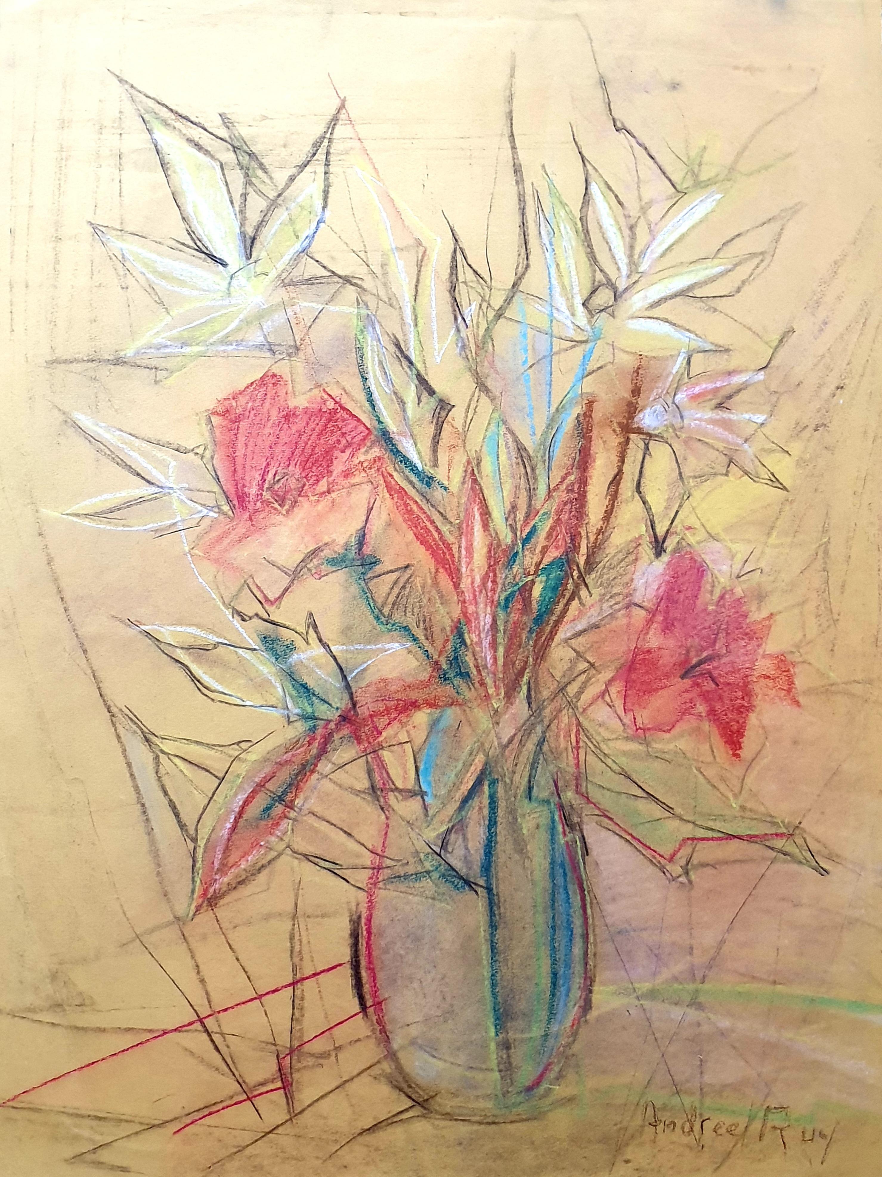 Expressionistisches Stillleben mit Blumen in einer Vase aus der Mitte des Jahrhunderts.