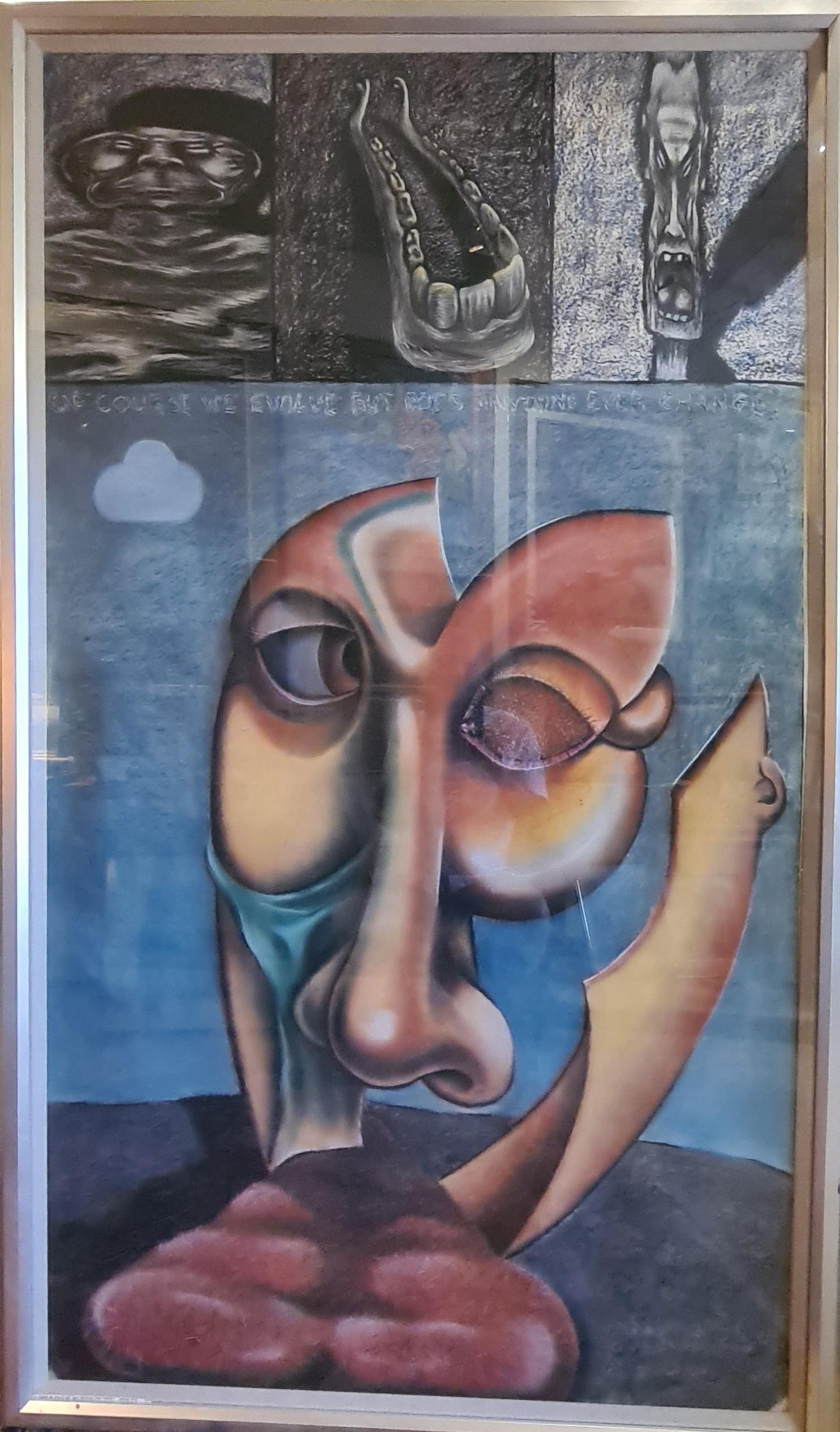 Monumental Surrealist Pastel, Of Course We Evolve But Does Anything Ever Change? - Painting by Gordon Muir