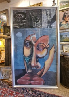 Vintage Monumental Surrealist Pastel, Of Course We Evolve But Does Anything Ever Change?