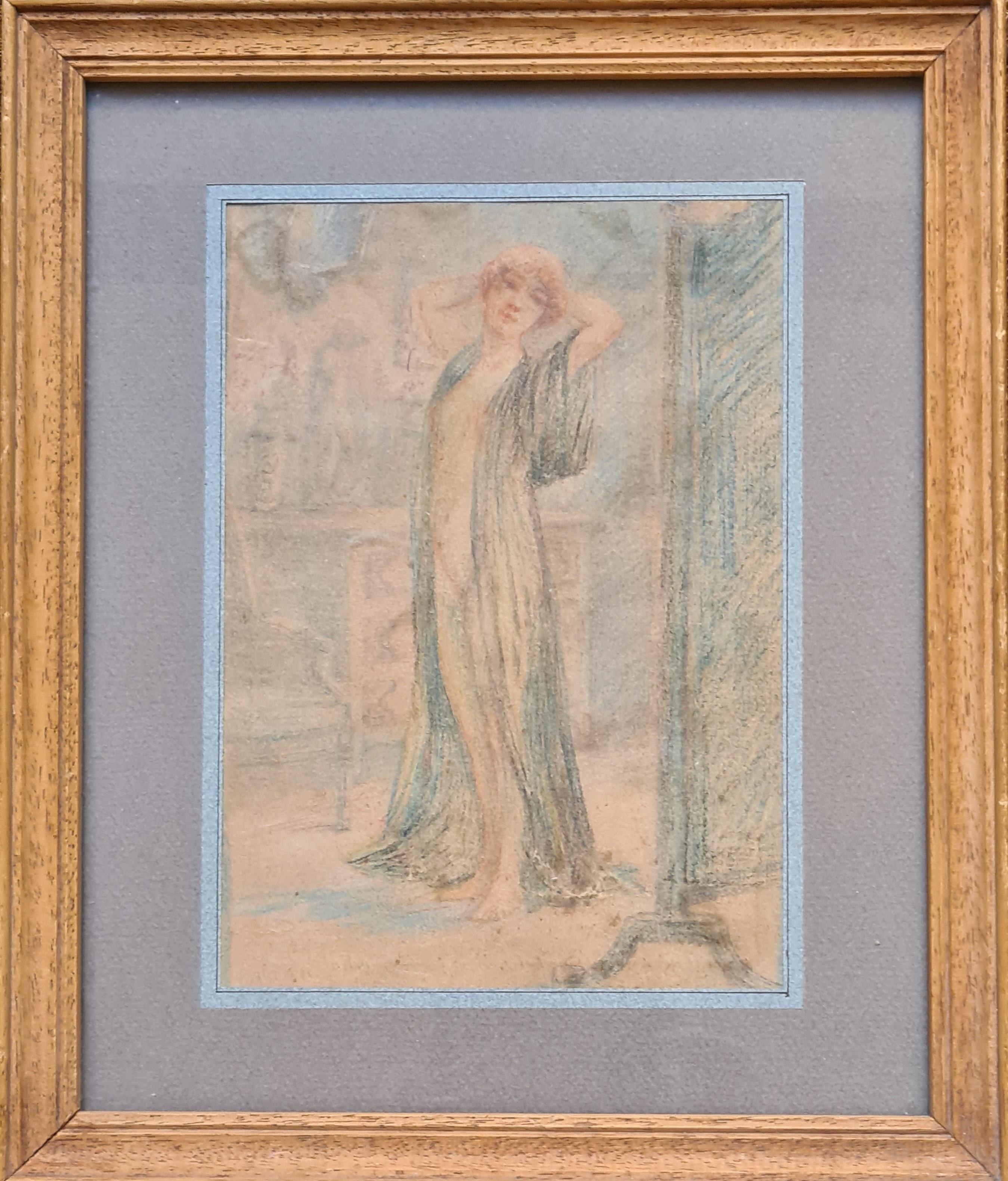 Edmond Aman-Jean Figurative Art - Symbolist Portrait of a Woman in an Interior, 'Before the Mirror'