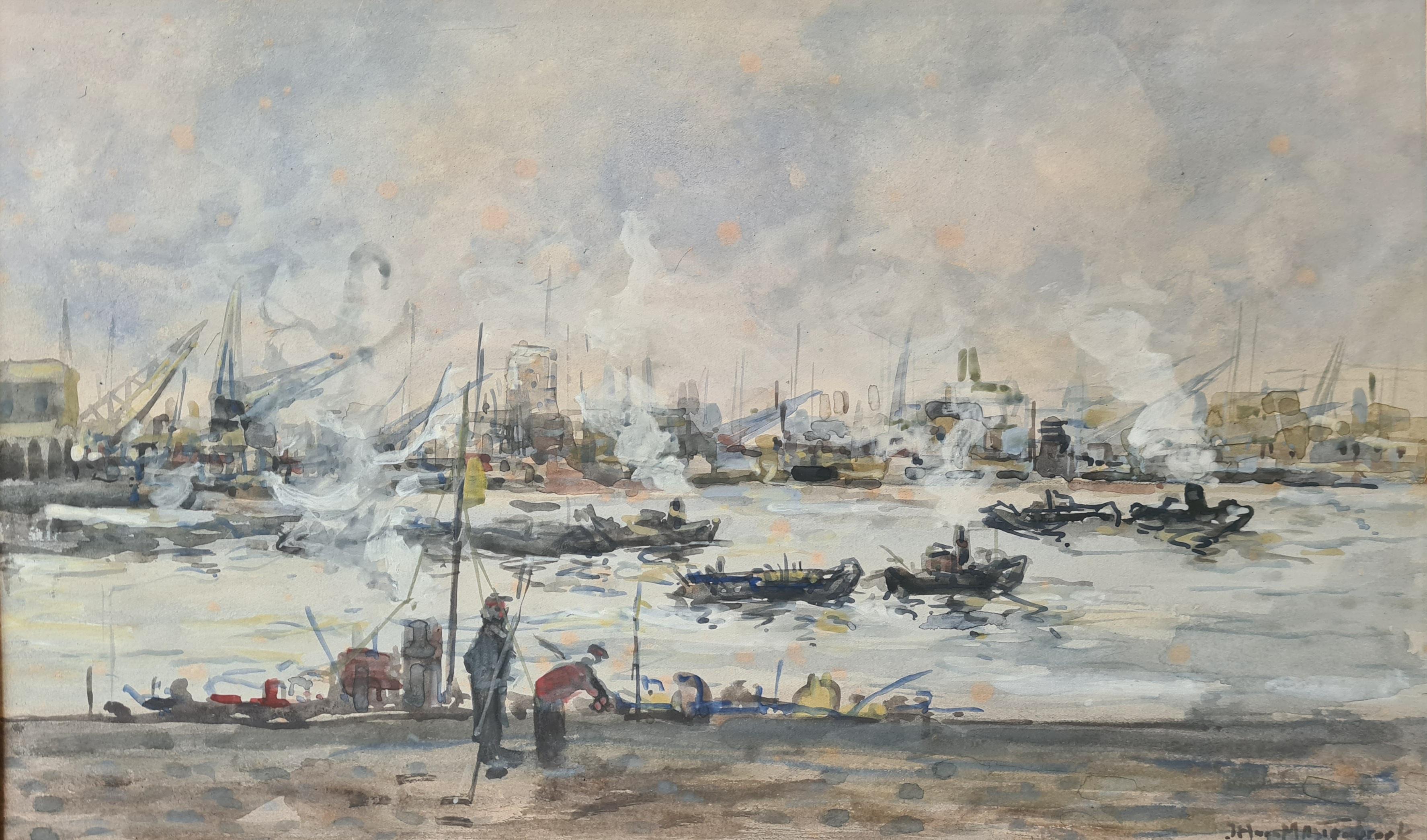 Impressionist View of The Leuvehaven in the Port of Rotterdam, Dutch Watercolour For Sale 7