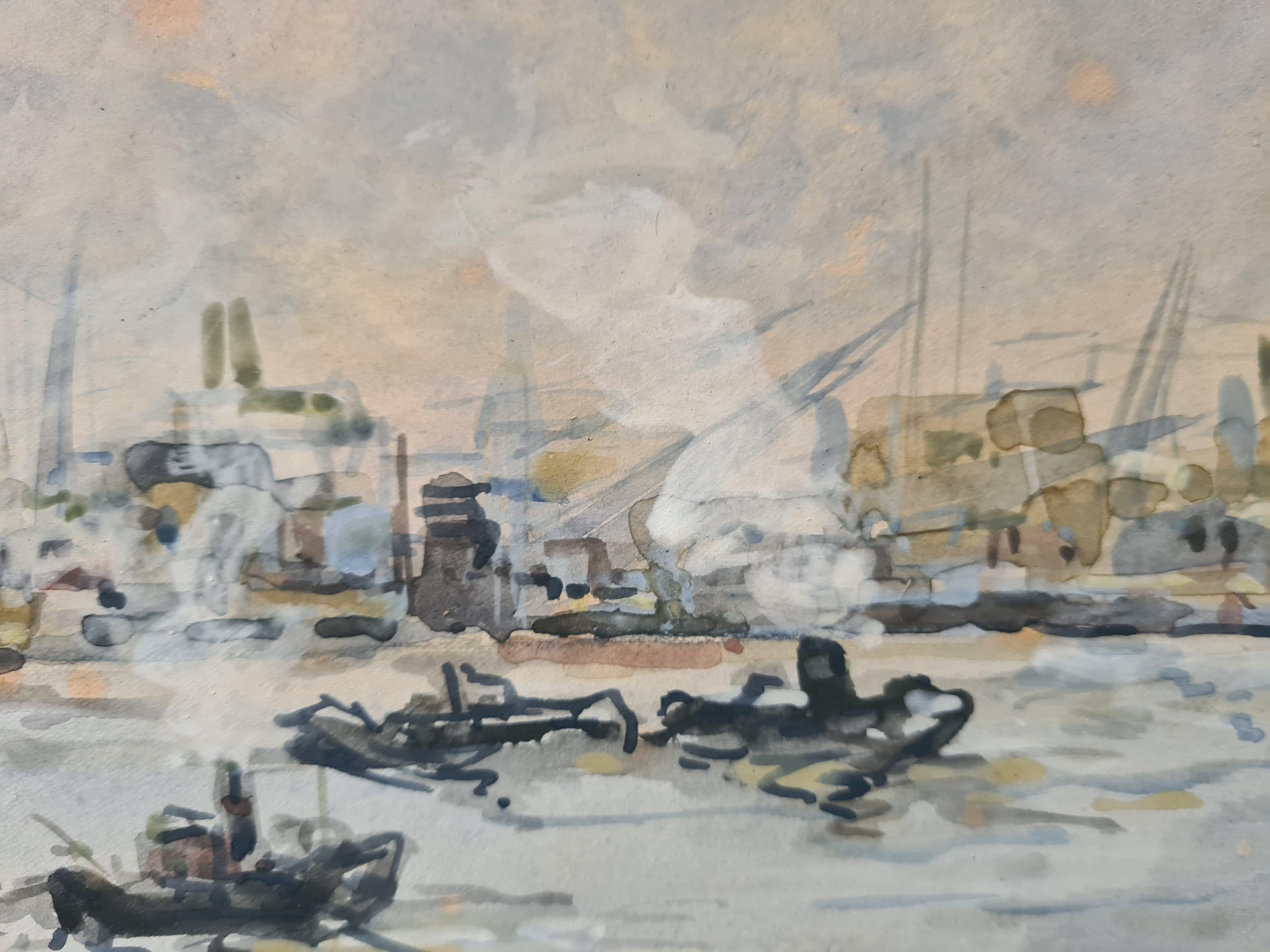 Impressionist View of The Leuvehaven in the Port of Rotterdam, Dutch Watercolour For Sale 2