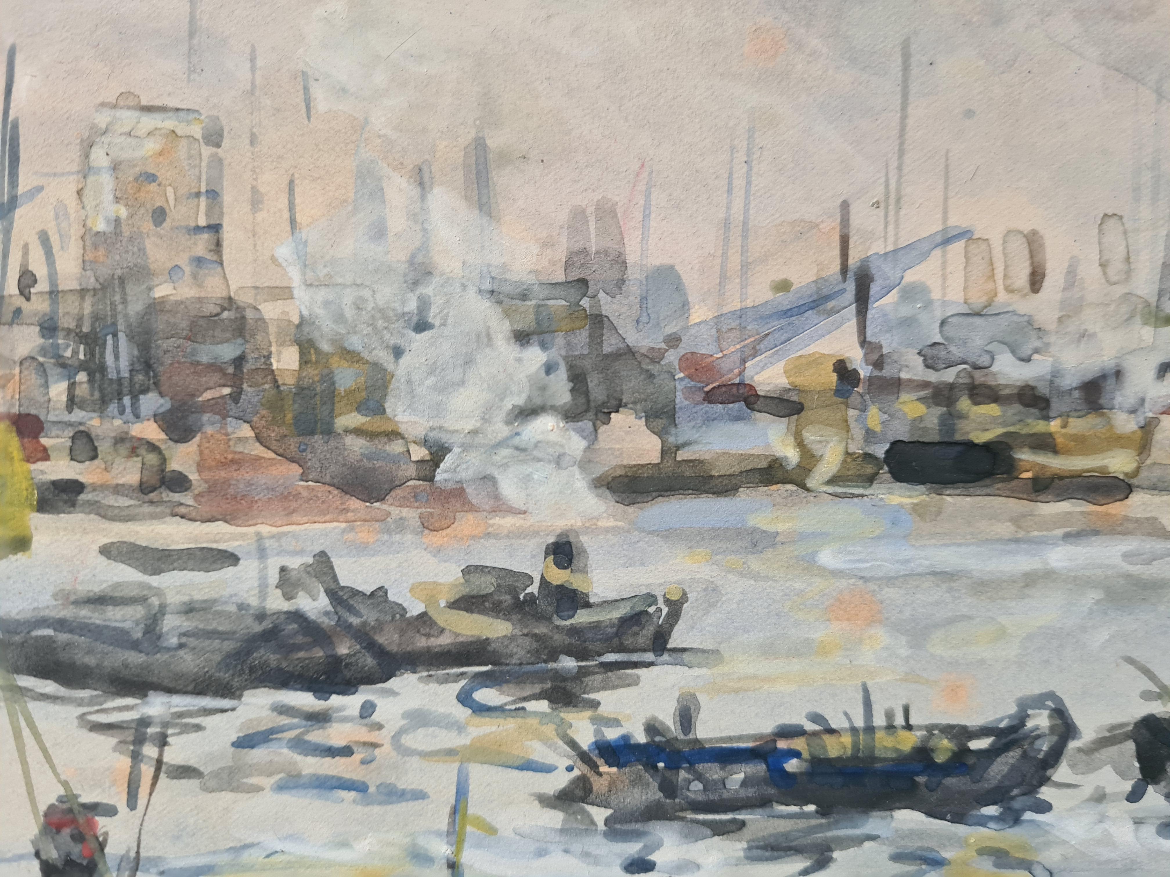 Impressionist View of The Leuvehaven in the Port of Rotterdam, Dutch Watercolour For Sale 3