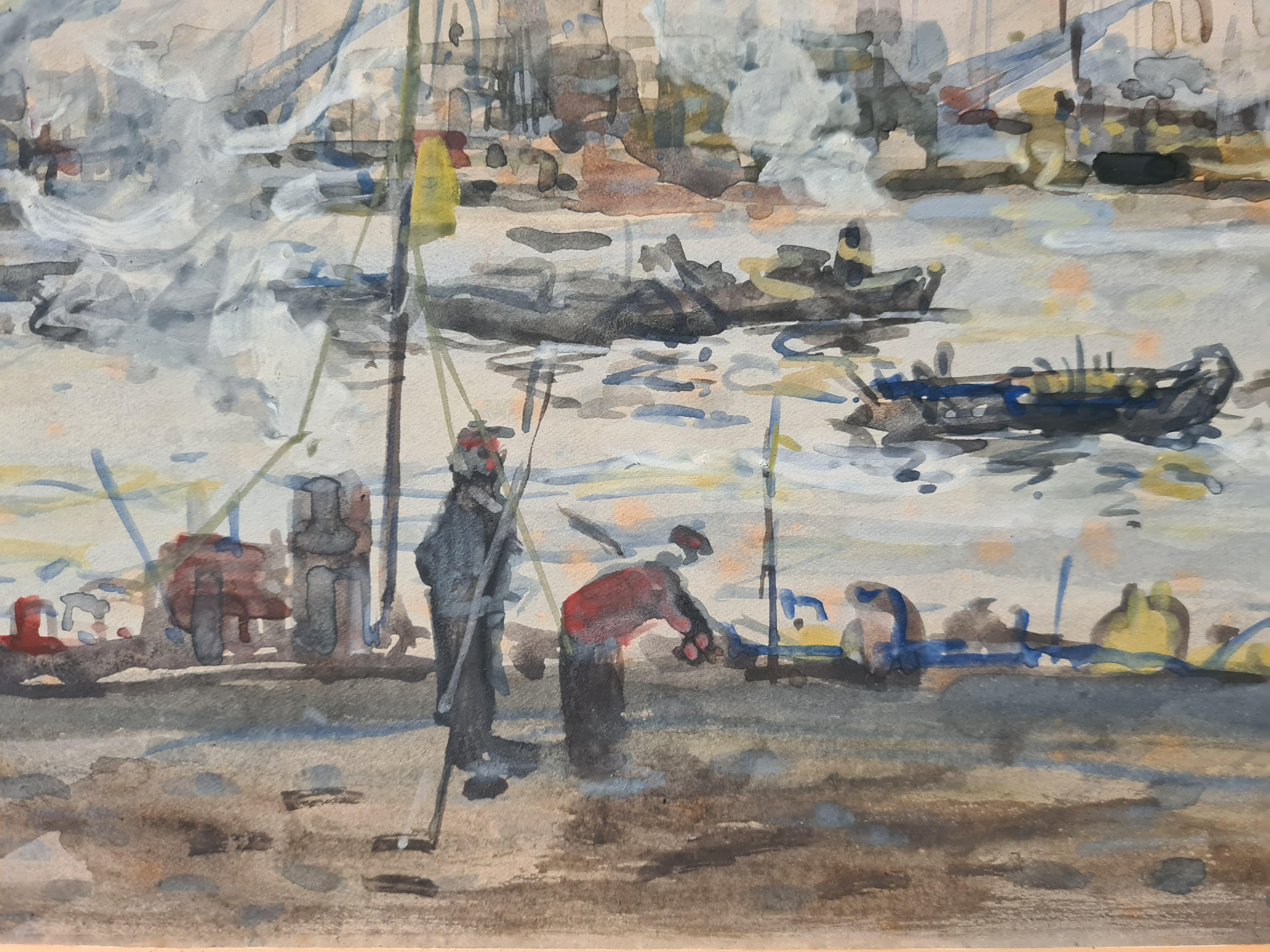 Impressionist Dutch watercolour on paper of  a harbour scene, probably Rotterdam. by noted Dutch Impressionist painter Johan Hendrik van Mastenbroek. Signed J. H. Van Mastenbroek bottom right. This is possibly a preparatory sketch for one of his
