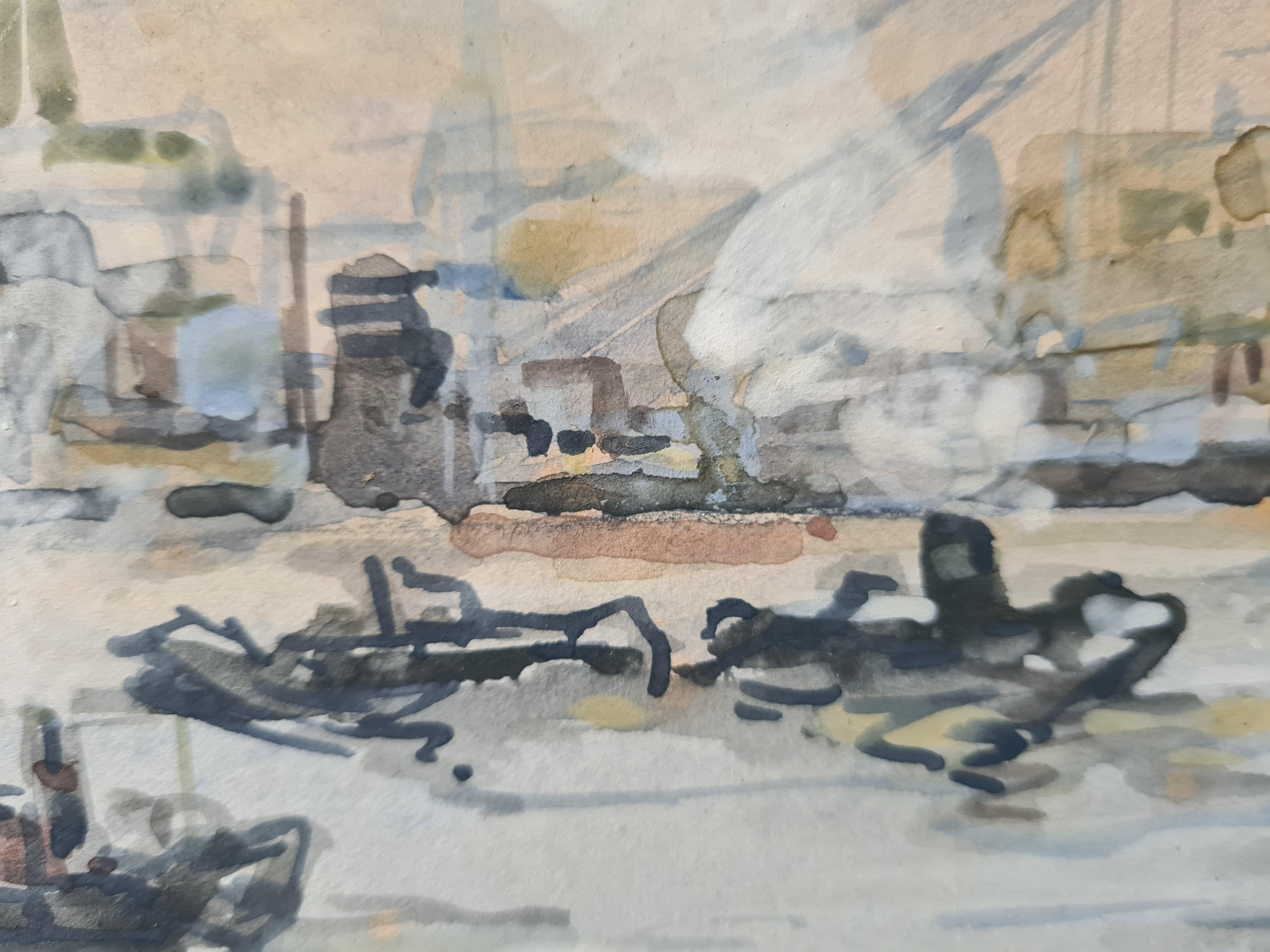 Impressionist View of The Leuvehaven in the Port of Rotterdam, Dutch Watercolour For Sale 5