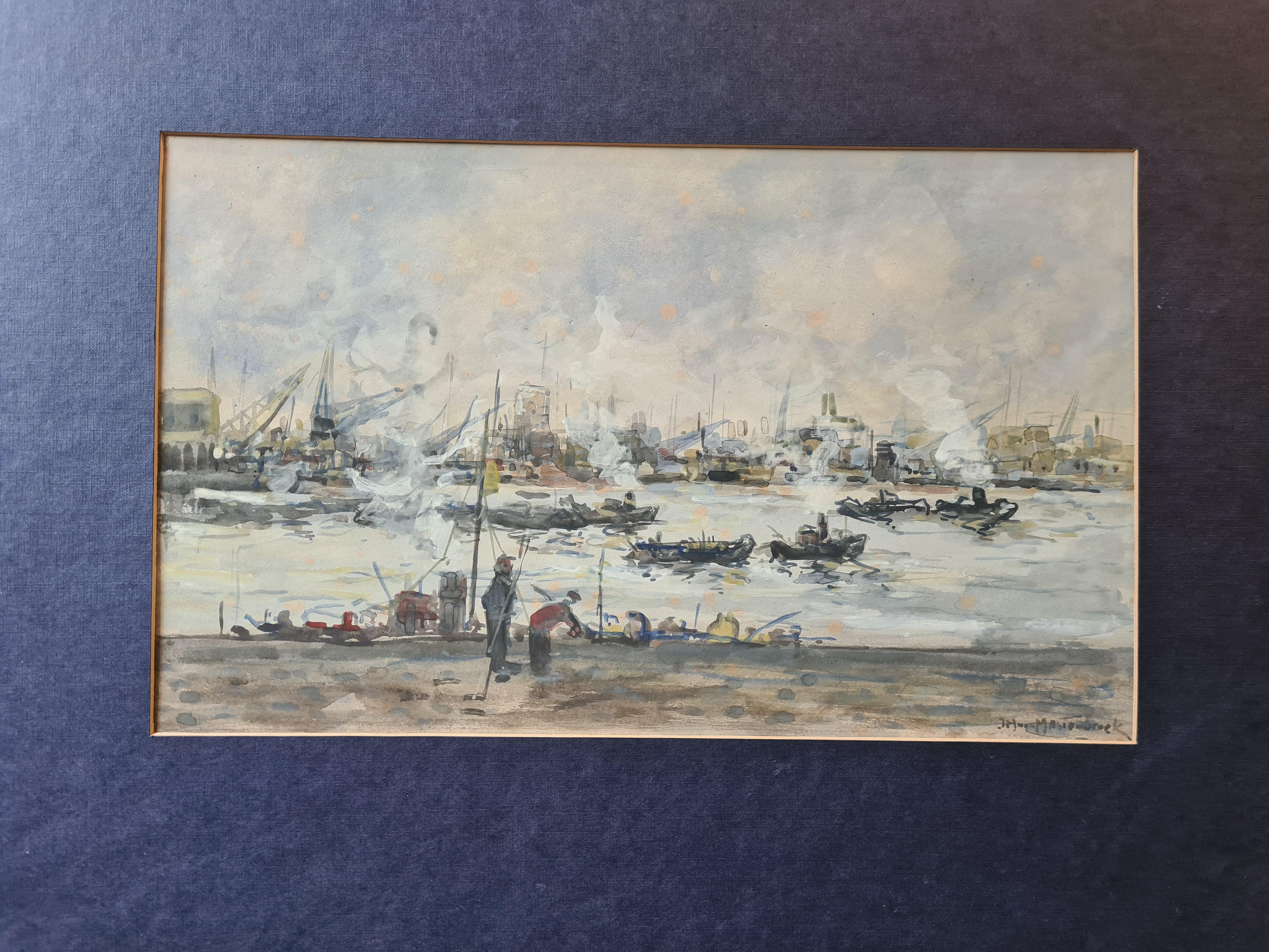 Impressionist View of The Leuvehaven in the Port of Rotterdam, Dutch Watercolour For Sale 6