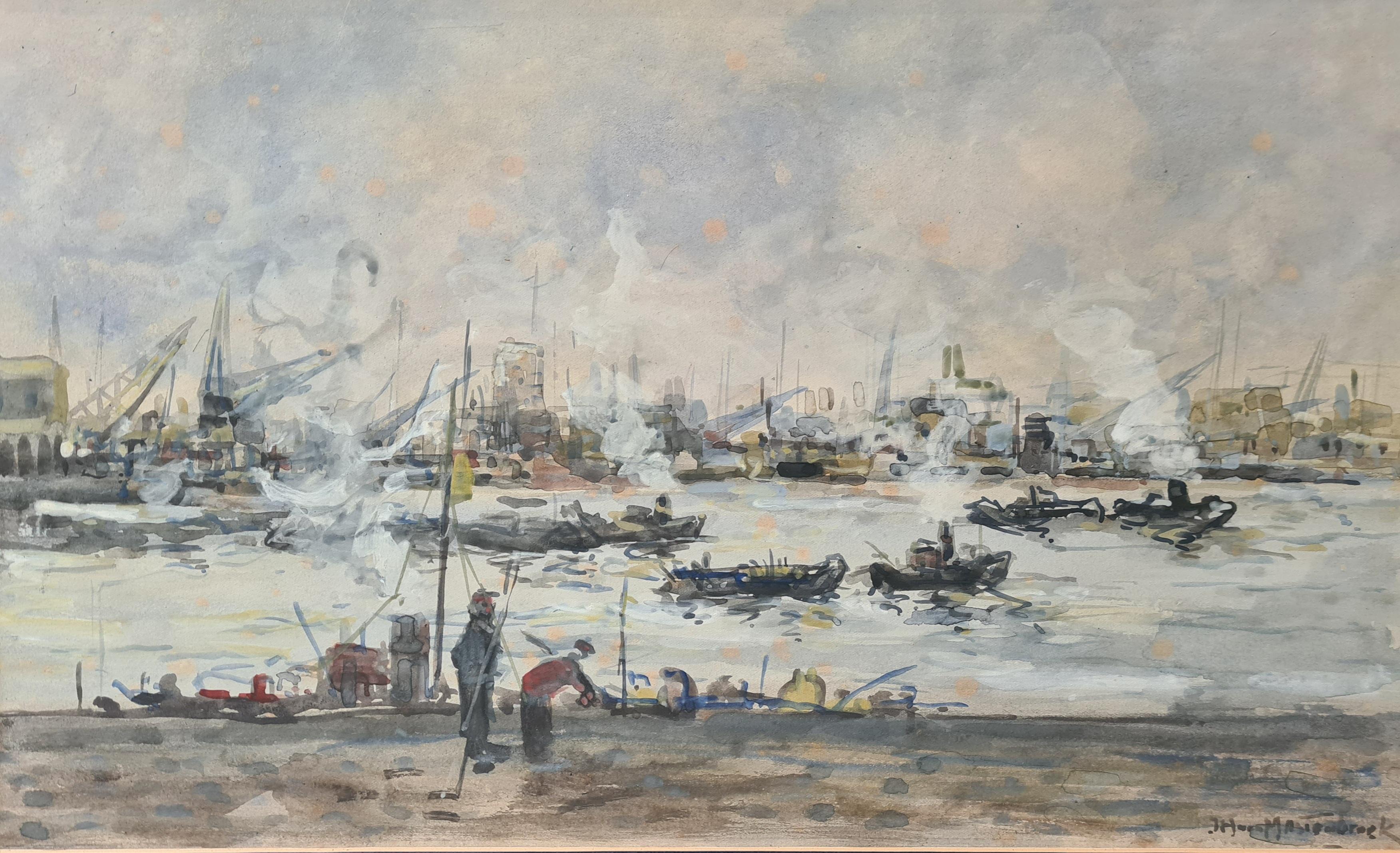 Johan Hendrik van Mastenbroek Landscape Art - Impressionist View of The Leuvehaven in the Port of Rotterdam, Dutch Watercolour