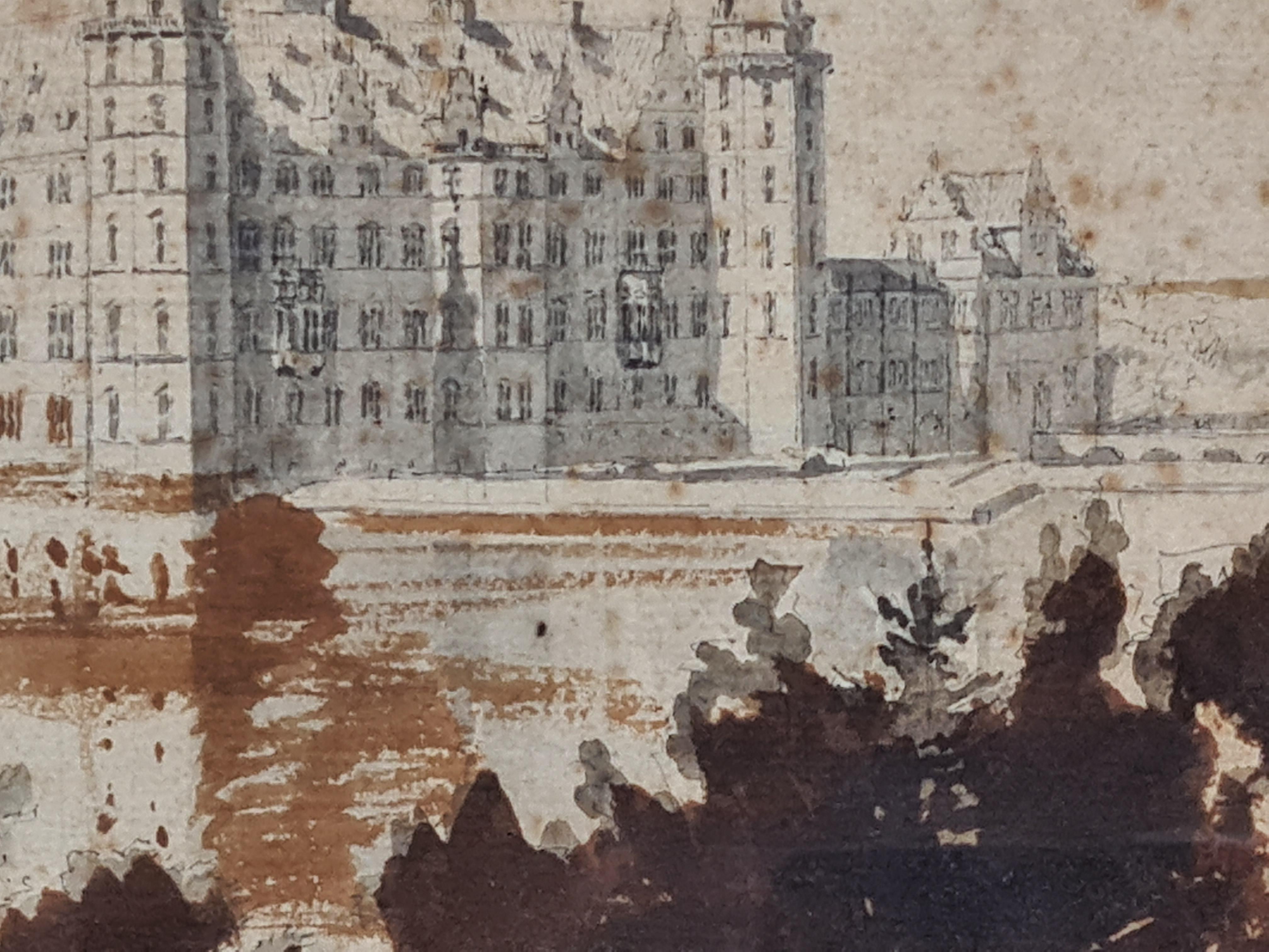 19th Century Architectural Danish Drawing & Watercolour of Frederiksborg Castle For Sale 3