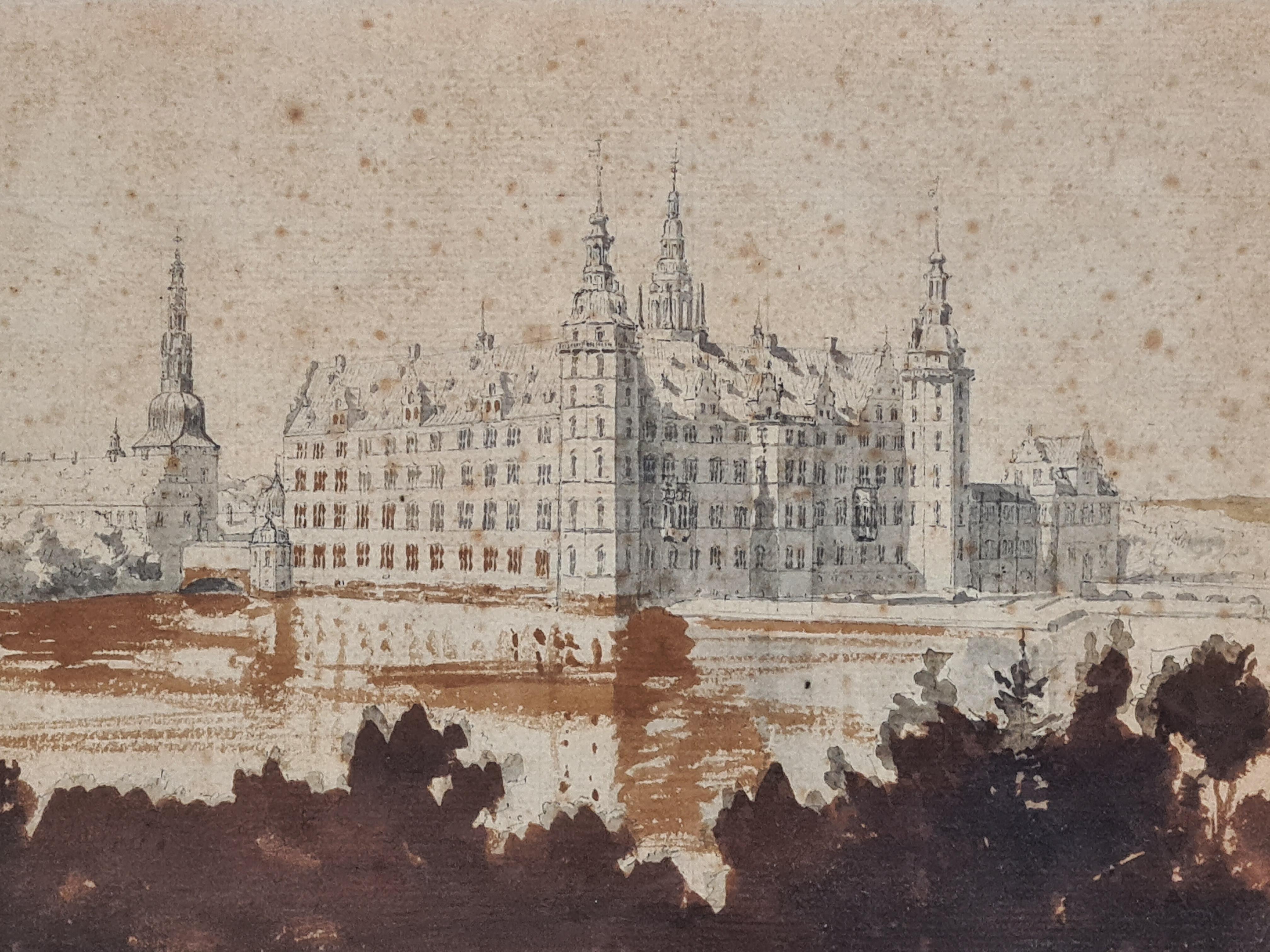 Mid 19th Century watercolour drawing of Frederiksborg Castle by noted Danish artist Thorald Læssøe. The work is monogram signed to the back of the paper where there is another drawing this time a study of a tree (see last photo). There is a location