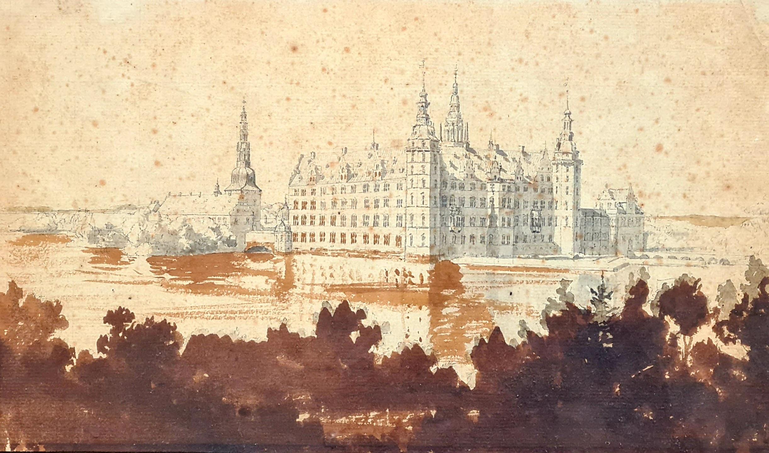 Dessin architectural danois du 19e siècle et aquarelle du château de Frederiksborg