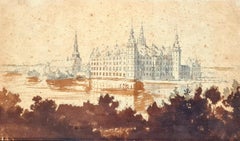 19th Century Architectural Danish Drawing & Watercolour of Frederiksborg Castle