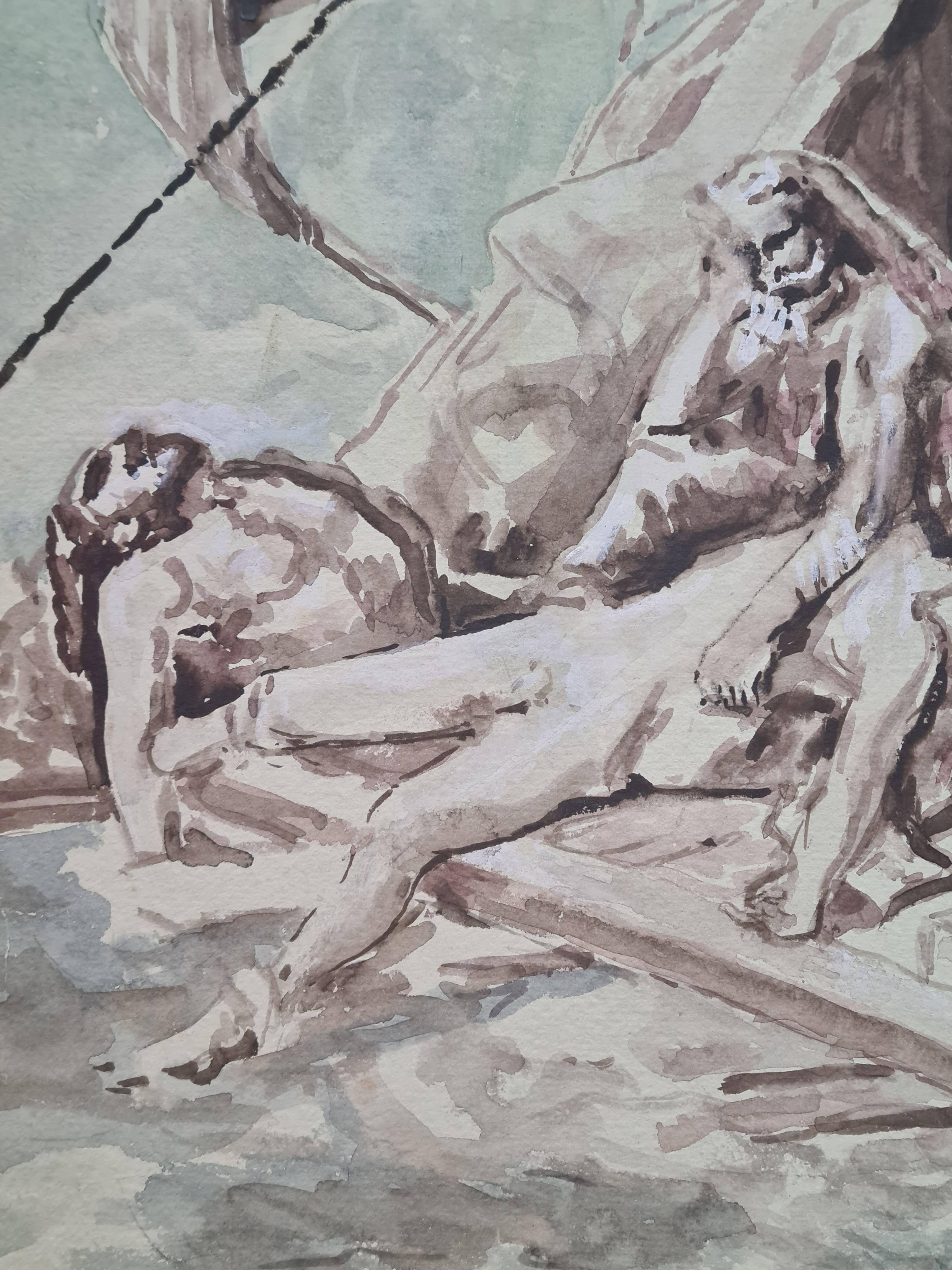 Watercolour on paper interpretation of the Raft of the Medusa by English artist Derek Carruthers. The work is signed and titled to the back of the paper.

A vivid and engaging interpretation of a famous work by Théodore Géricault. Carruthers has