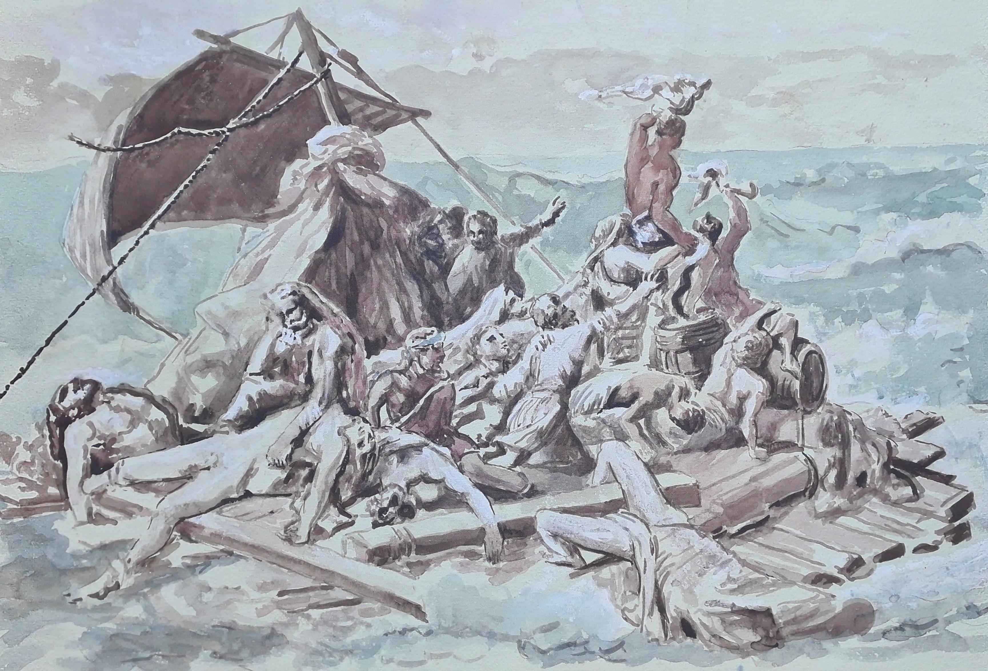 Interpretación en acuarela de La Balsa de la Medusa según Théodore Géricault