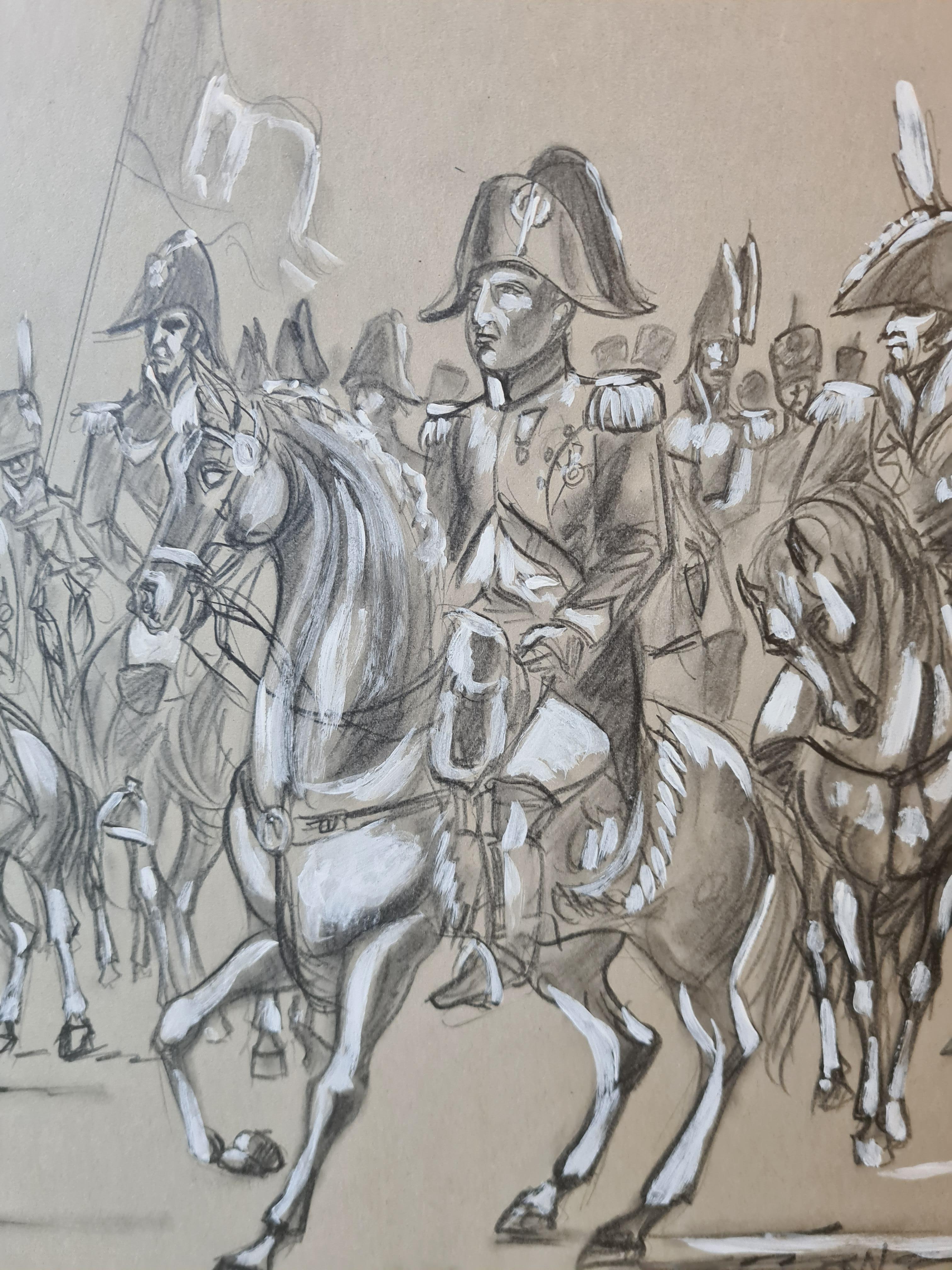Napoleon an der Spitze seiner Grande Armée, seine Generäle und die preußischen Husaren – Painting von Jean Ducel