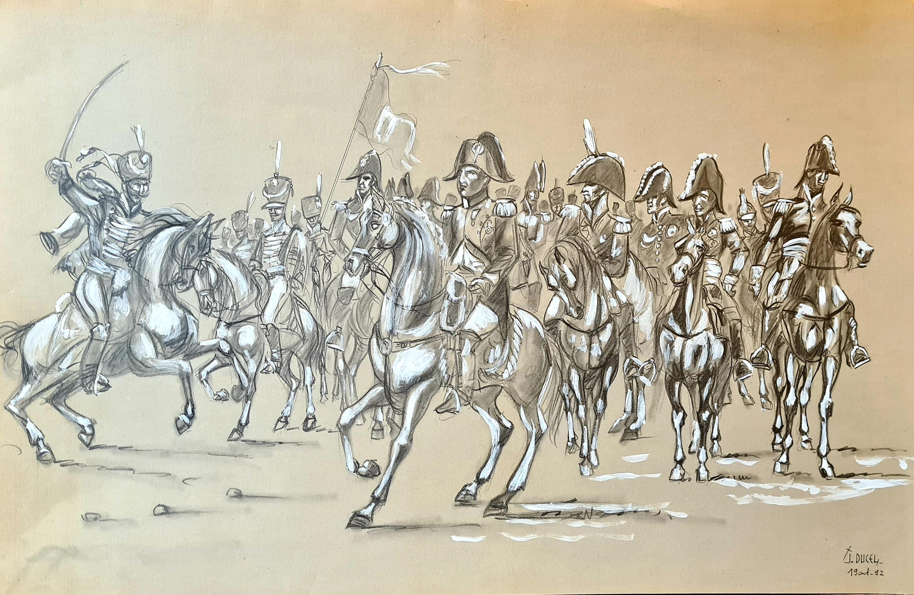 Napoleone alla testa della Grande Armée, i suoi generali e gli Ussari prussiani