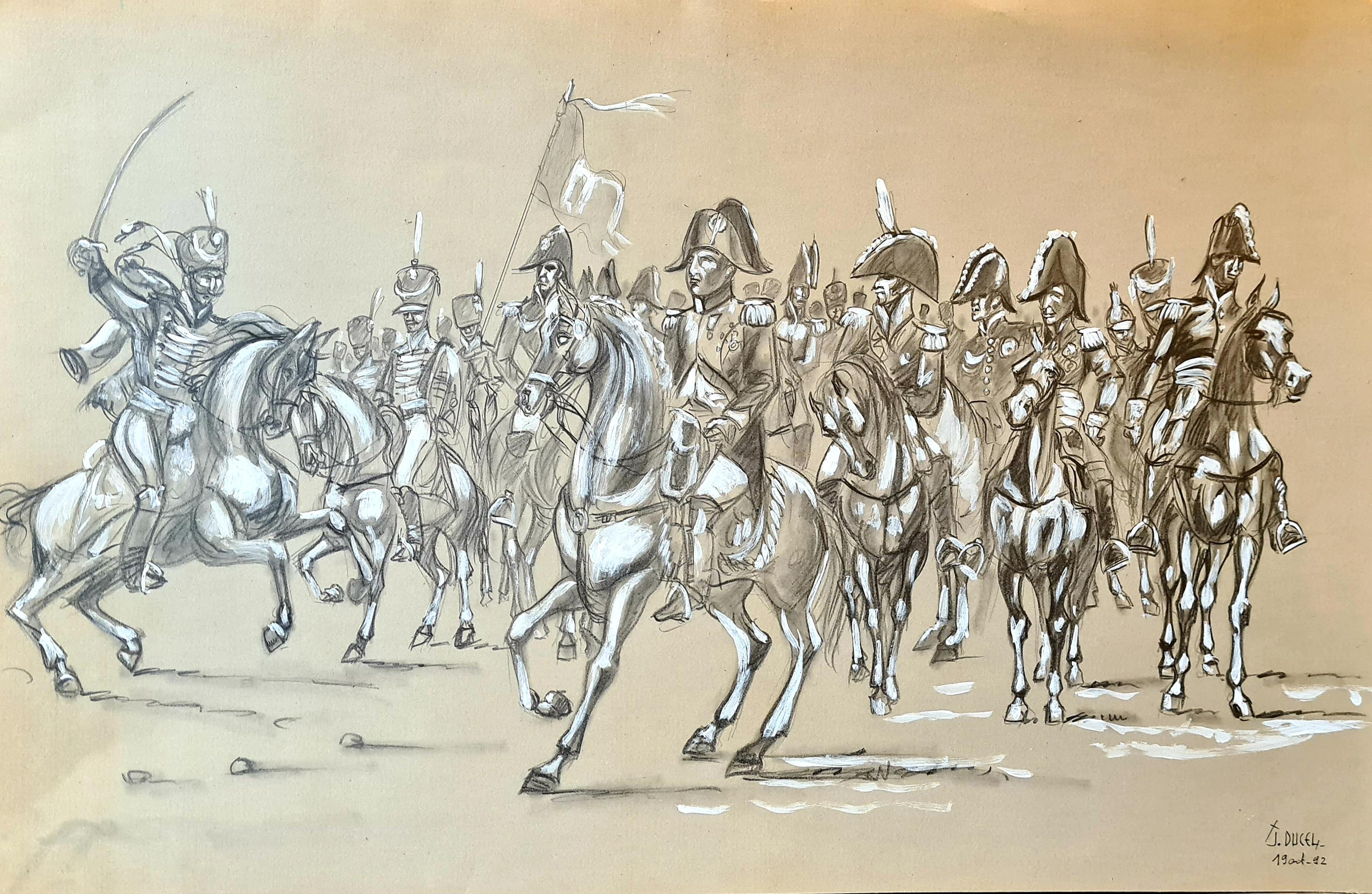 Napoléon à la tête de sa Grande Armée, ses généraux et les hussards prussiens