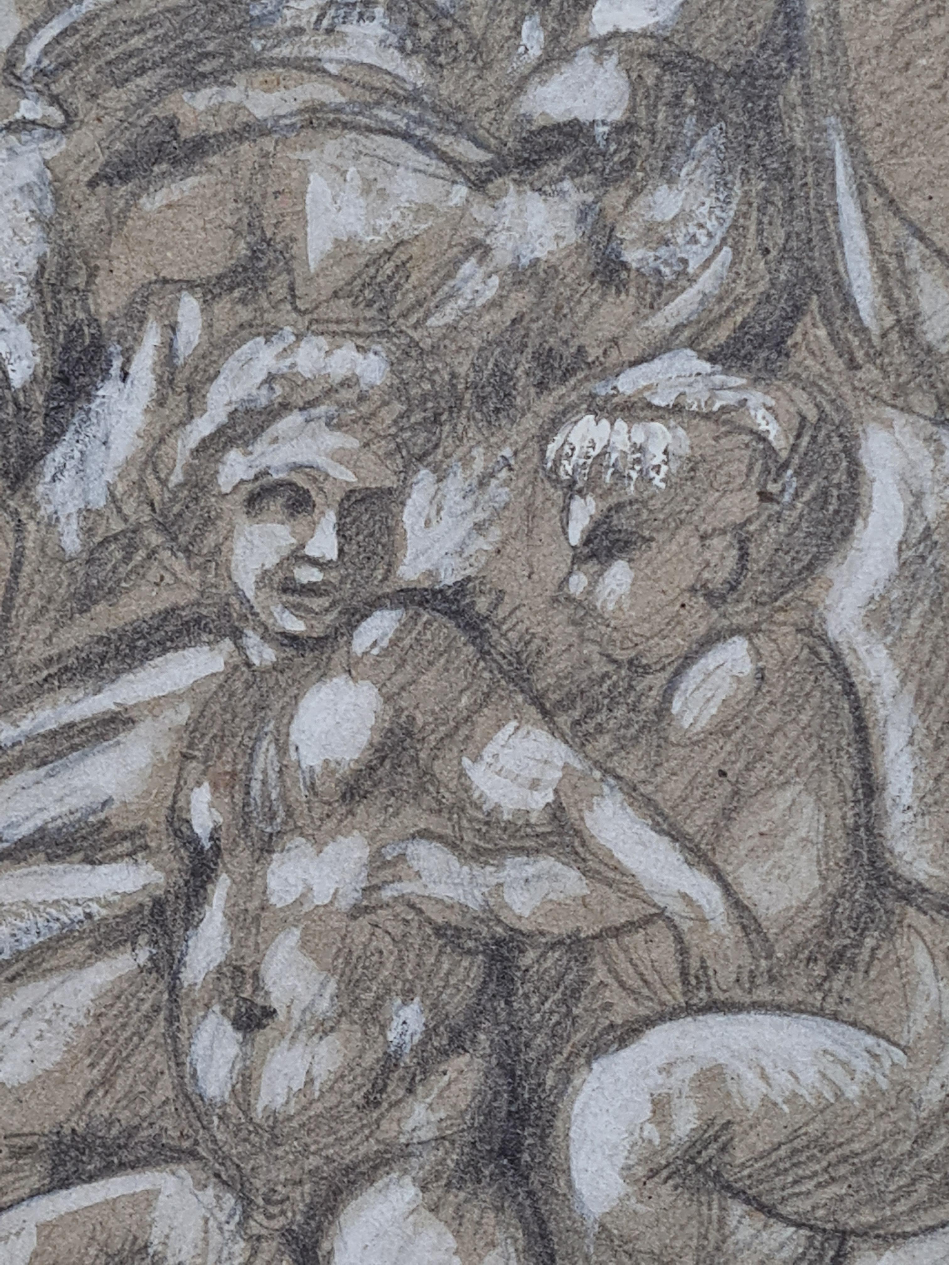 Eine Bleistift- und Aquarellzeichnung einer Madonna mit Putten, inspiriert von den Schnitzereien Michelangelo Buonarrotis. Signiert und datiert unten rechts.

Eine elegante und charmante stilisierte Zeichnung der Medici-Madonna von Michelangelo mit