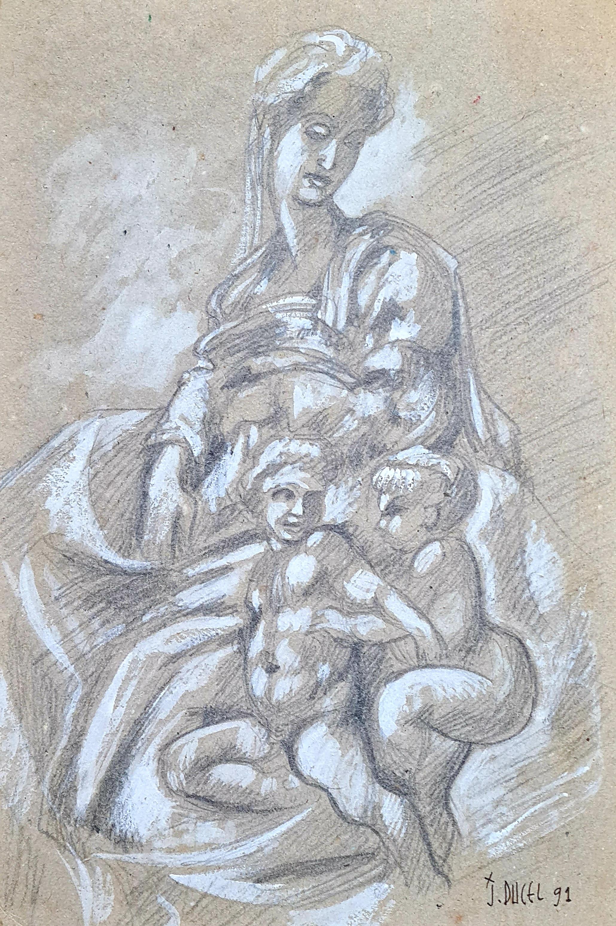 Michelangelo Figurative Art – Zeichnung der Medici Madonna und die Putten im Renaissance-Stil