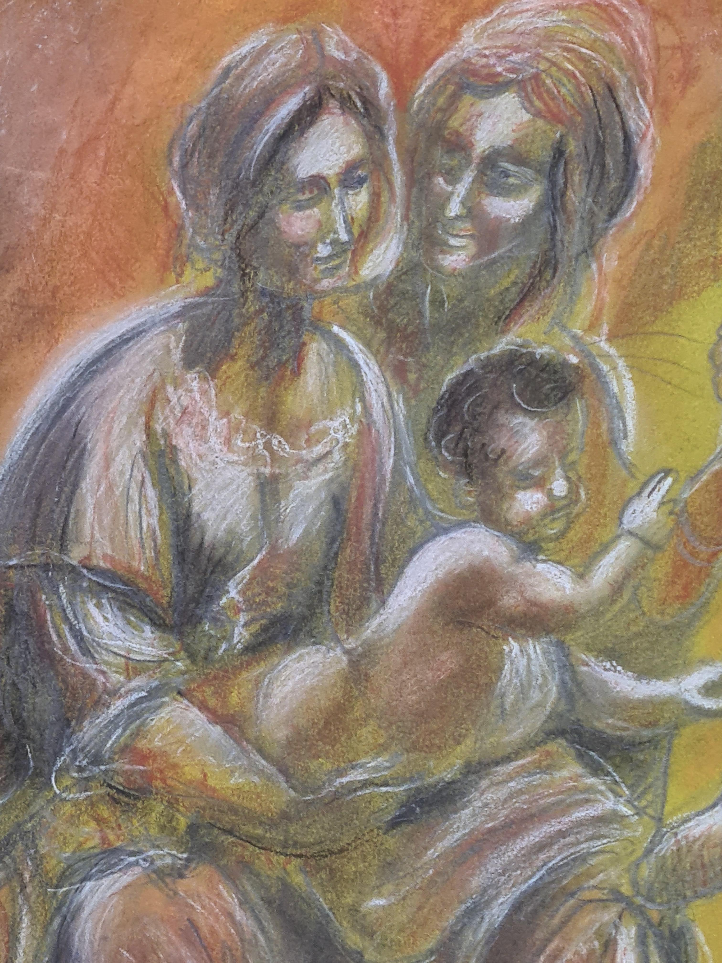 A pencil, chalk and crayon drawing of the Virgin and Child with St Anne inspired by the 'cartoon' of Leonard da Vinci currently held in the National Gallery London.

An elegant and charming stylised drawing after the work by D Vinci. The artist has