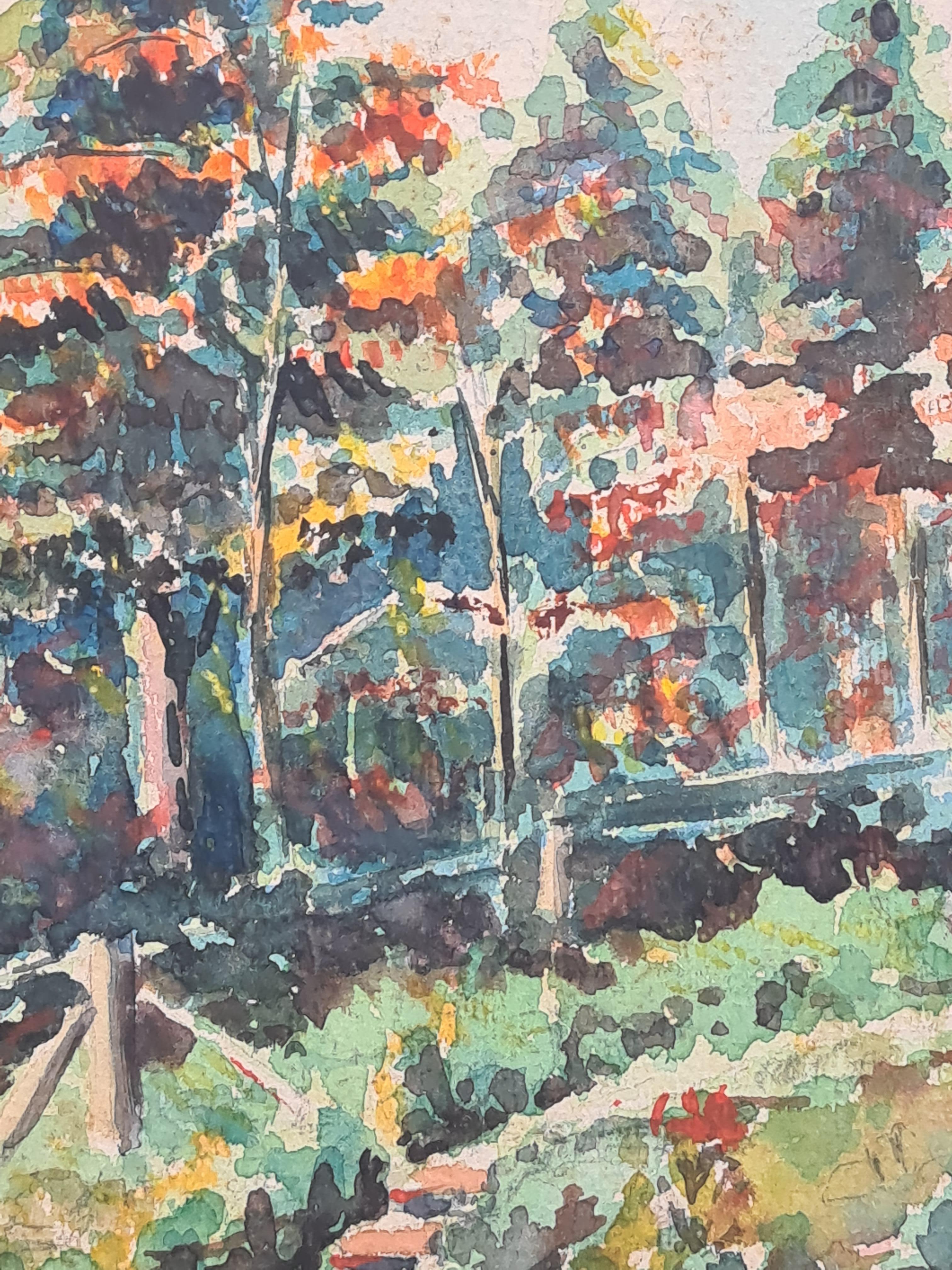 1930's French Impressionist Watercolour of a Garden and Forest 1
