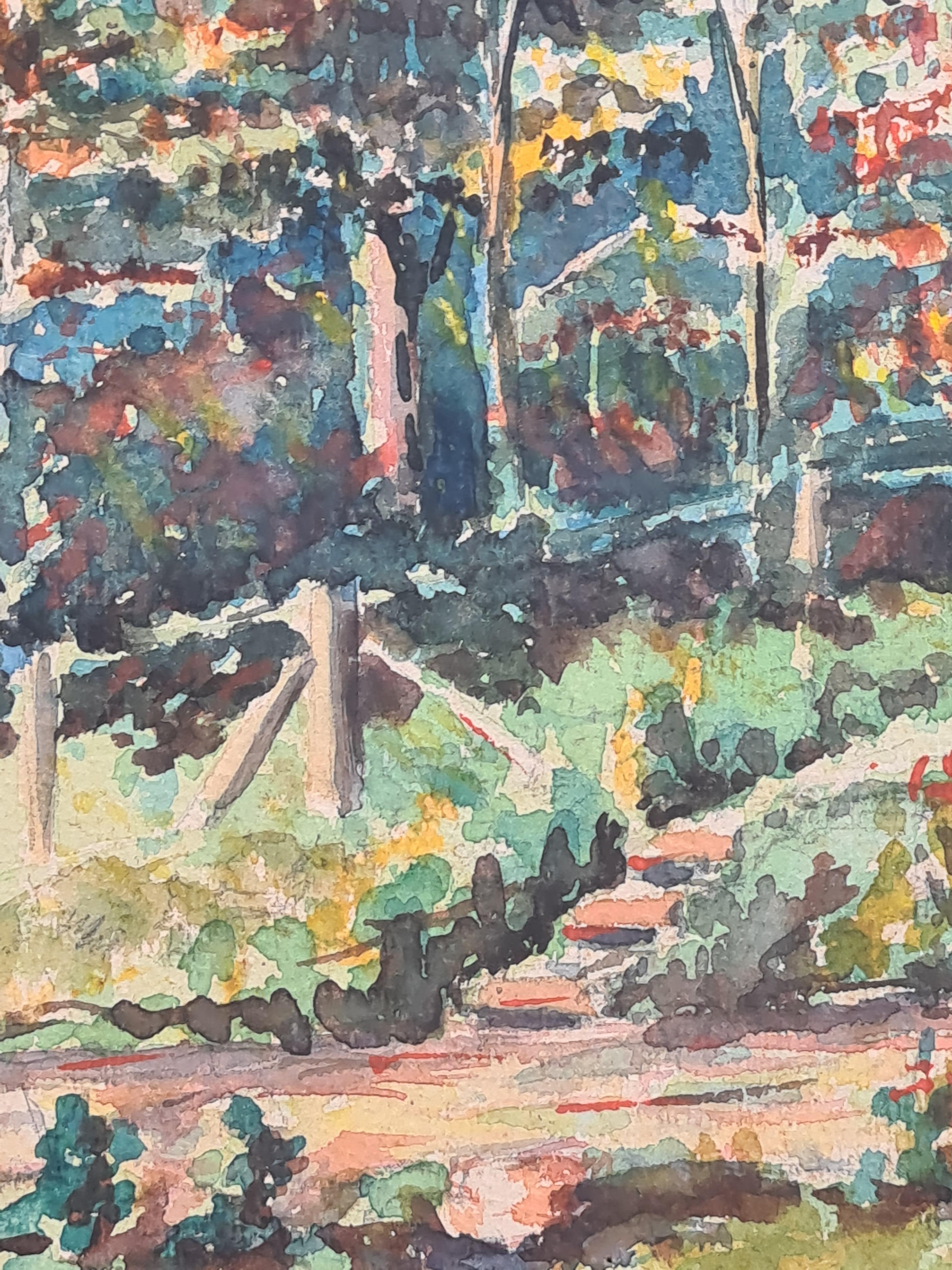 1930's French Impressionist Watercolour of a Garden and Forest 2