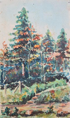 Aquarelle impressionniste française des années 1930 représentant un jardin et une forêt