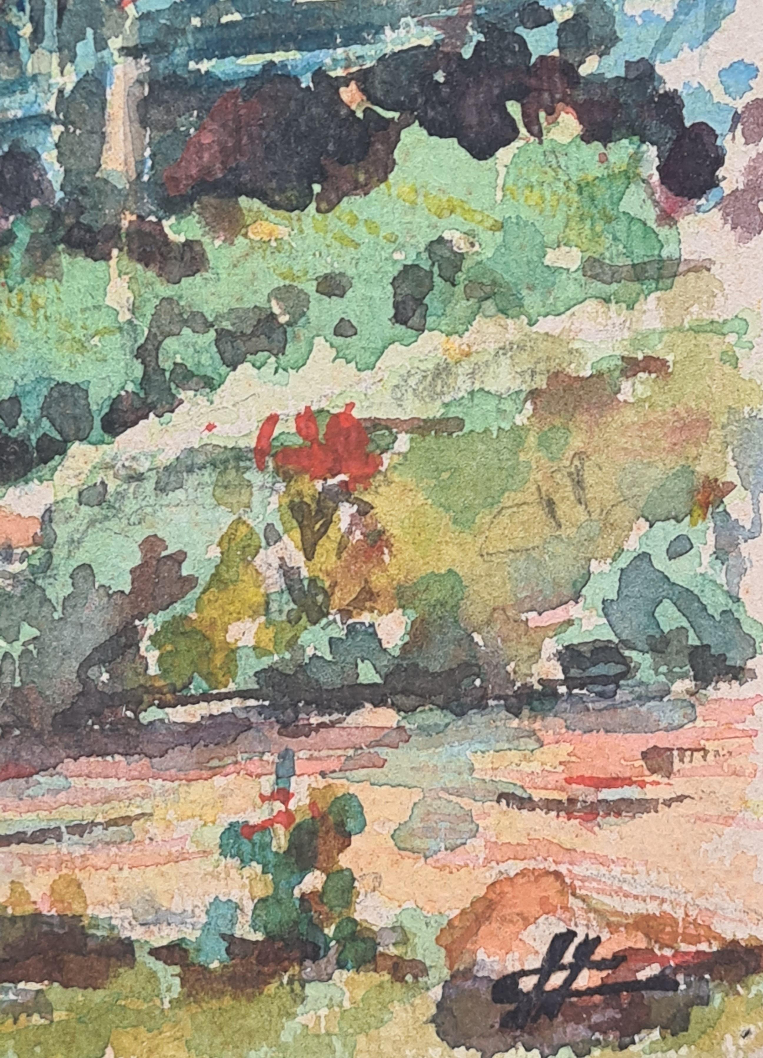 1930's French Impressionist Watercolour of a Garden and Forest - Painting by Henri Clamen