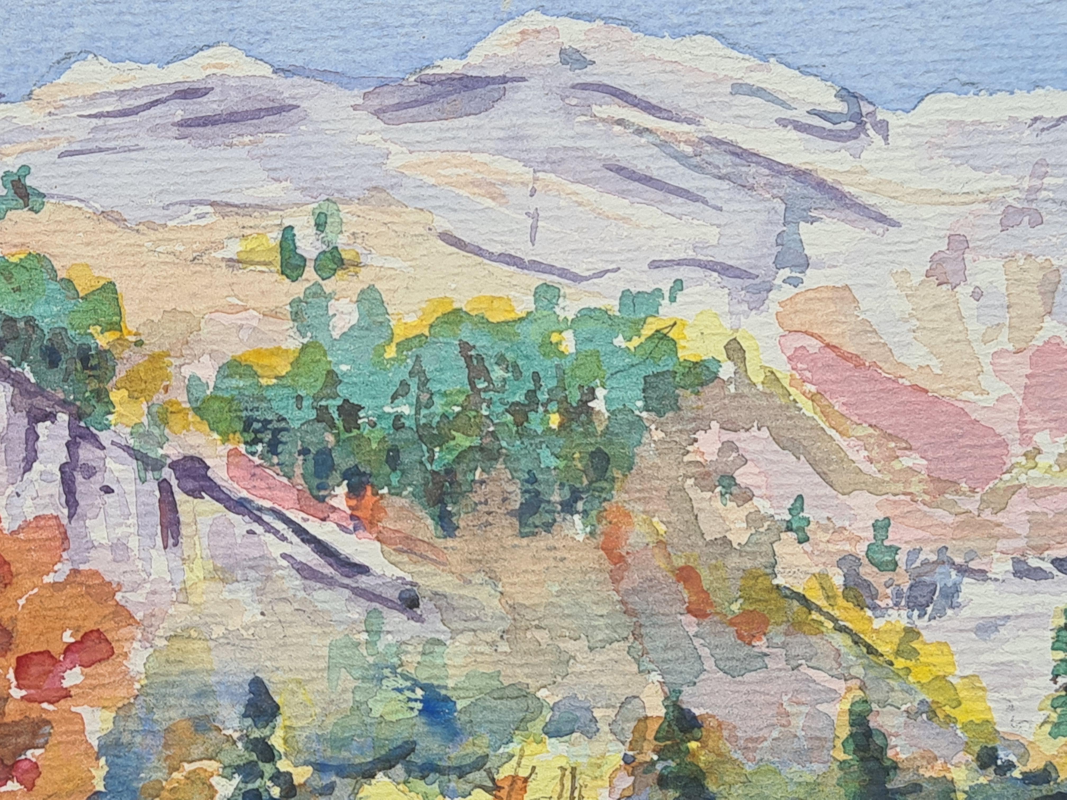 1930s French Impressionist Watercolour of a Mountain Scene 1