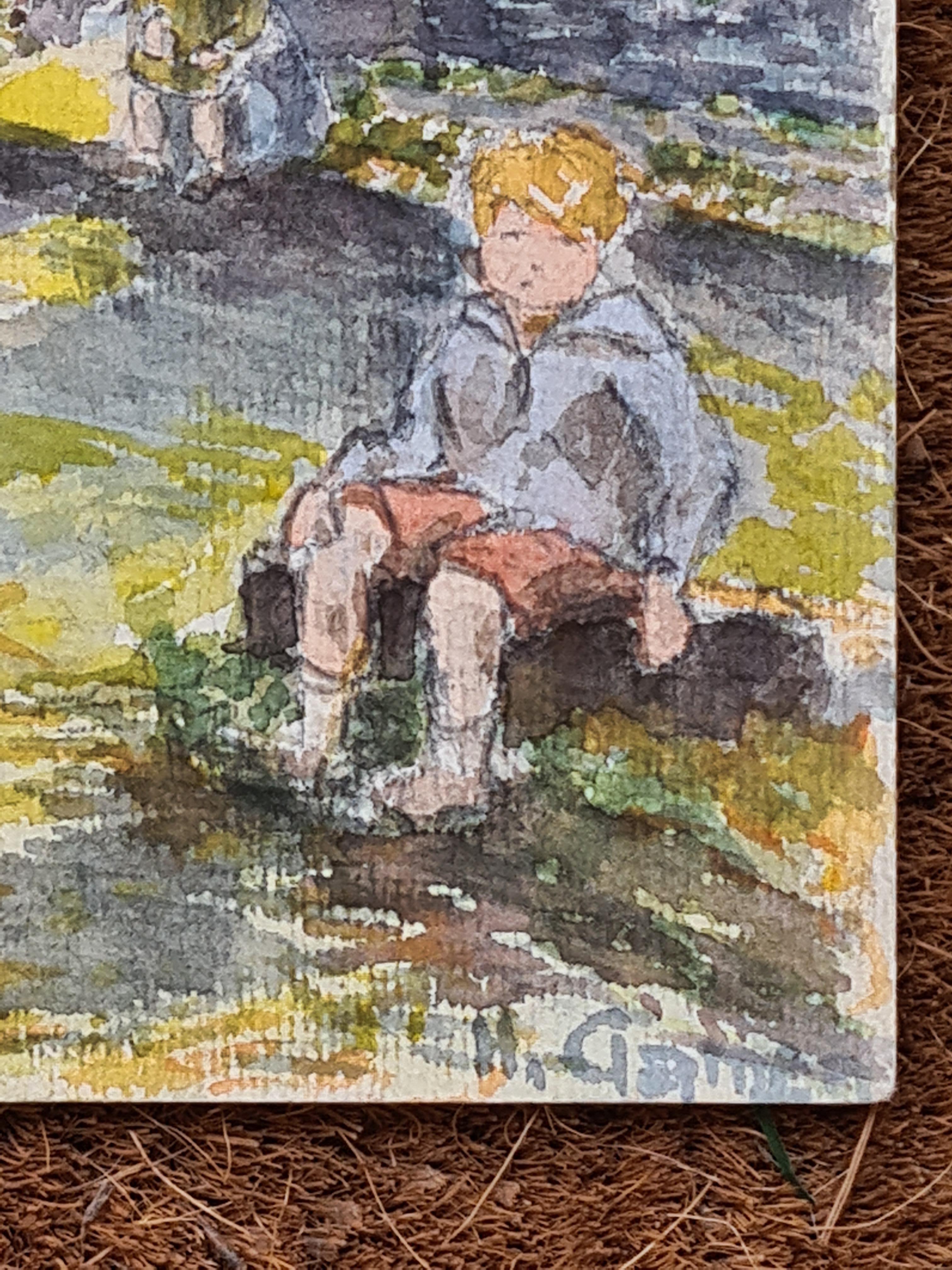 Aquarelle impressionniste française des années 1930 représentant des enfants dans une scène champêtre idyllique en vente 4