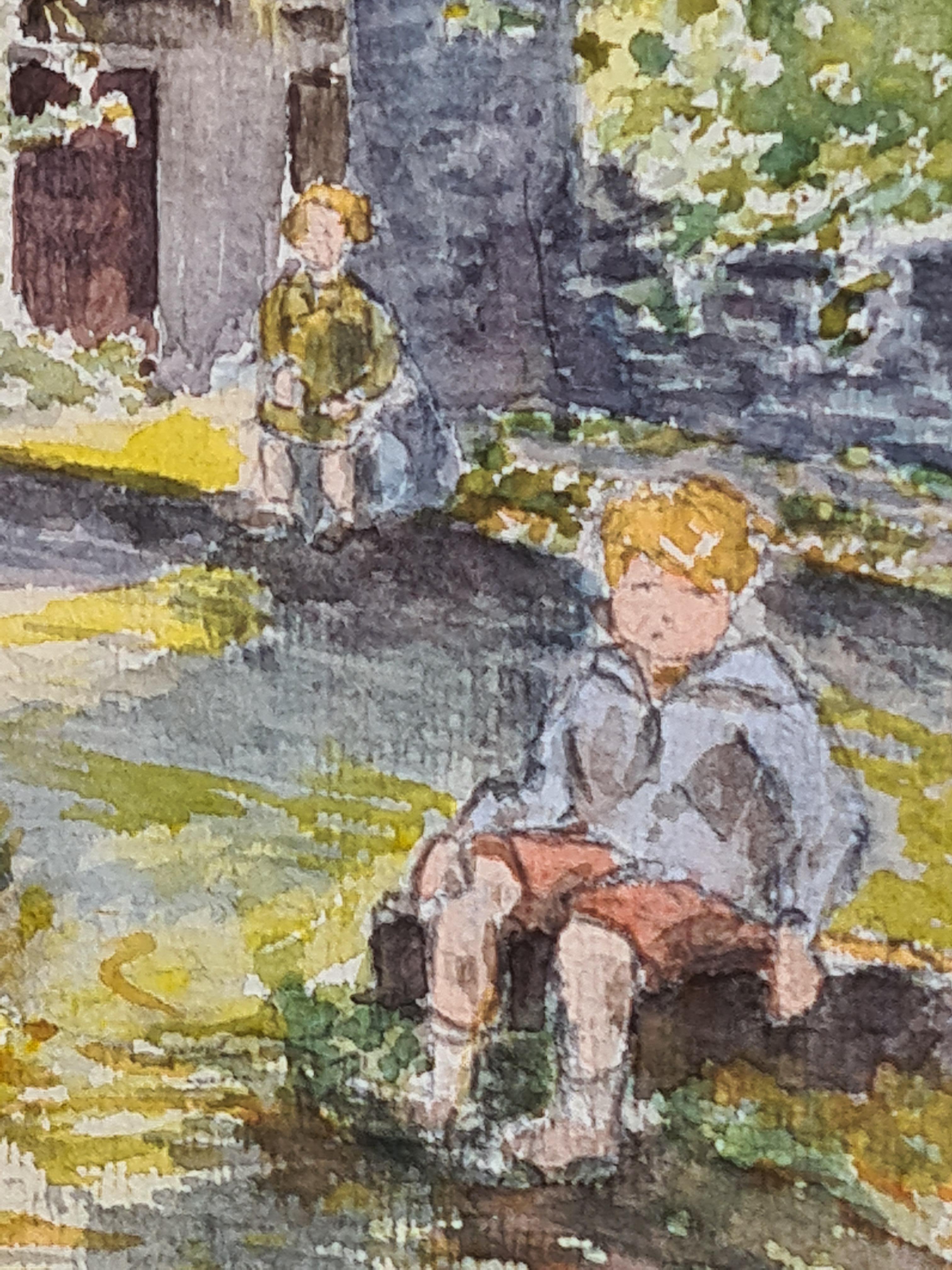 Aquarelle impressionniste française des années 1930 représentant des enfants dans une scène champêtre idyllique - Art de Henri Clamen