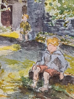 1930s French Impressionist Watercolour of Children in an Idyllic Country Scene