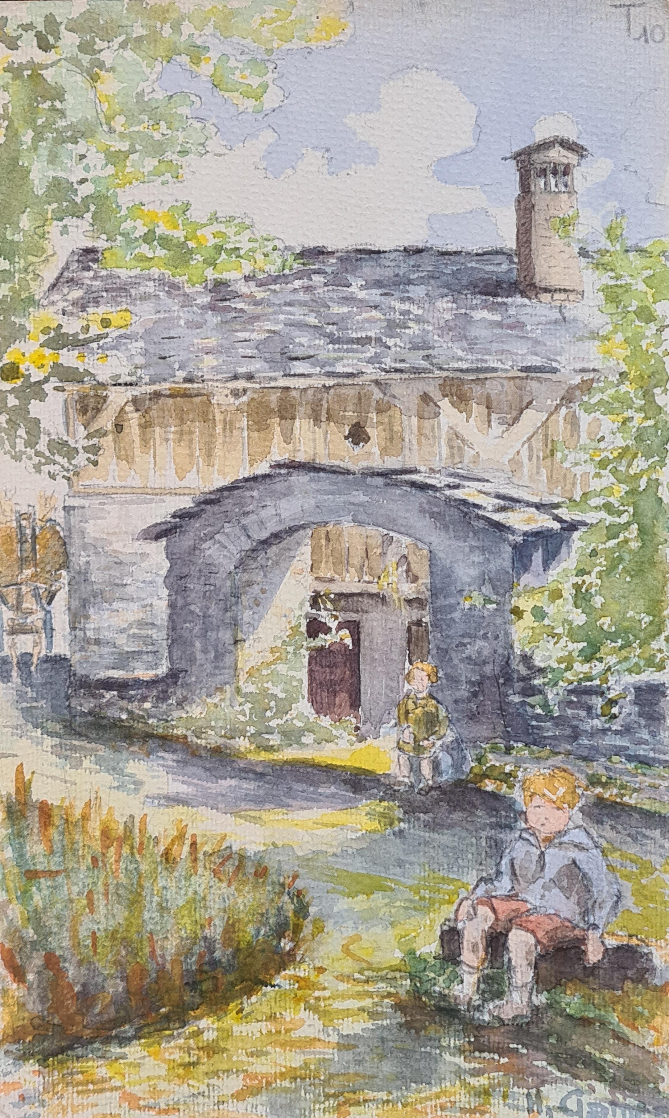 Landscape Art Henri Clamen - Aquarelle impressionniste française des années 1930 représentant des enfants dans une scène champêtre idyllique