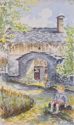 Antique 1930s French Impressionist Watercolour of Children in an Idyllic Country Scene