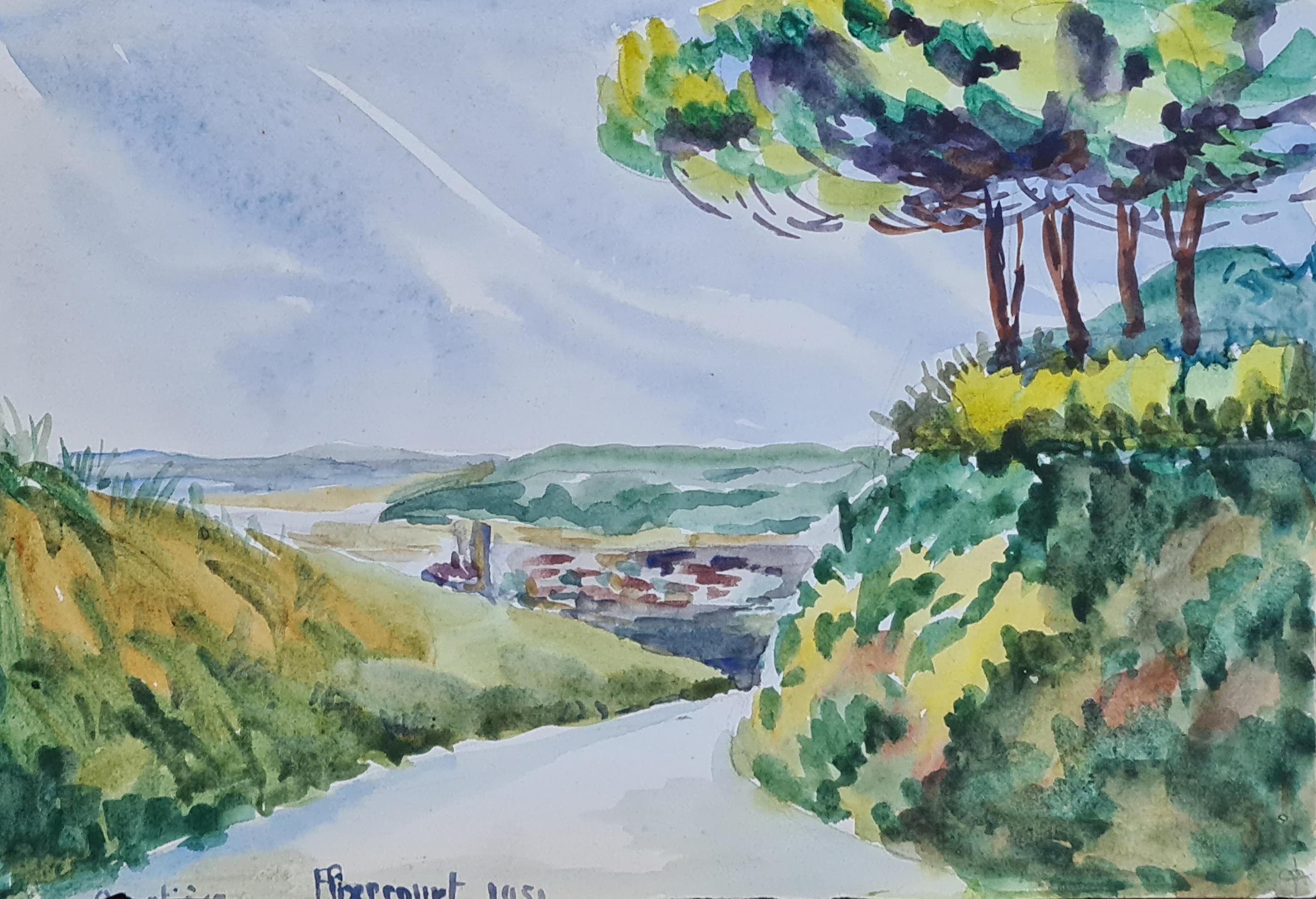 Henri Clamen Landscape Art -  French Impressionist Mid Century Watercolour of a Rural Landscape at Aixecourt