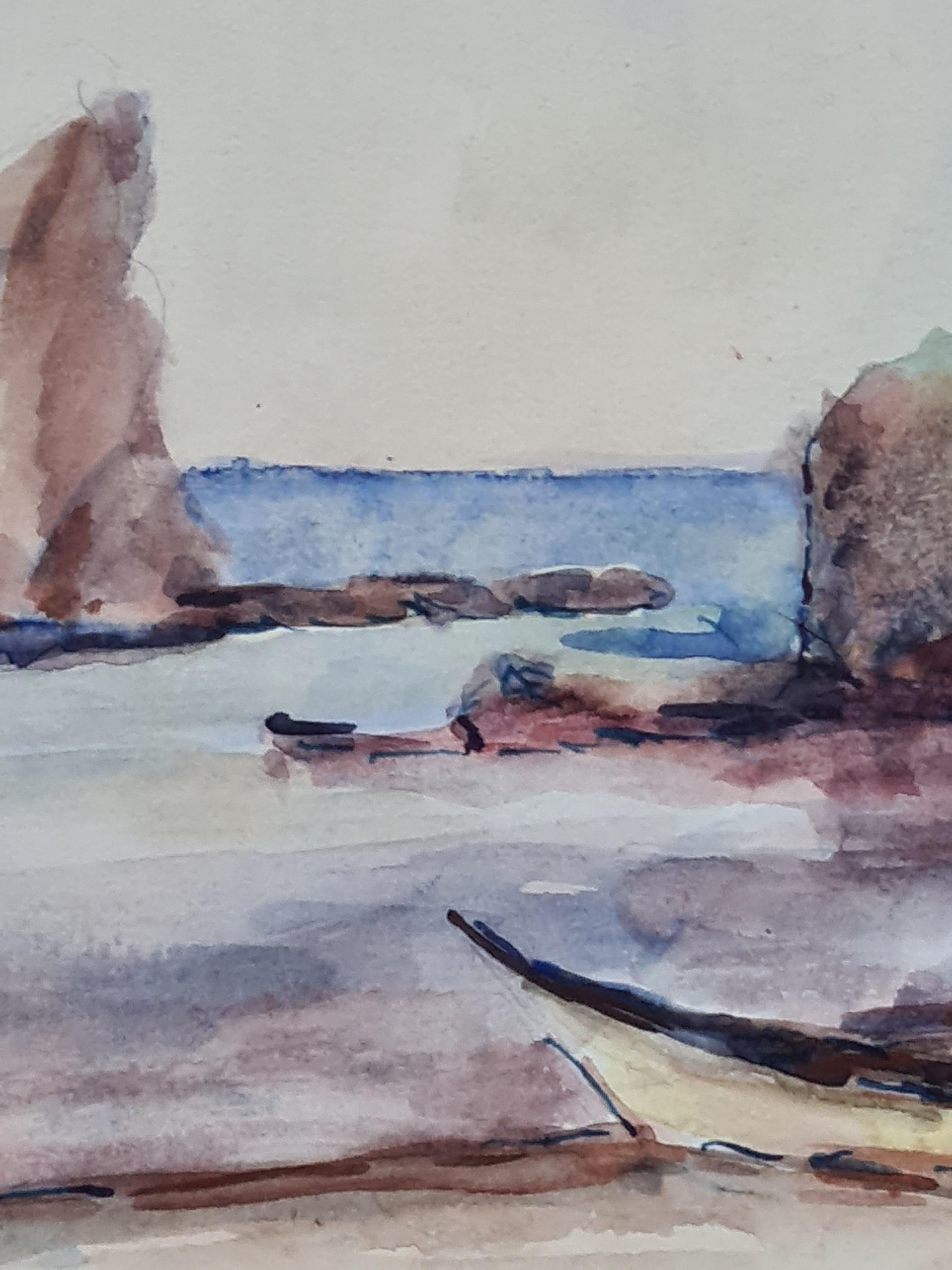 1930s French Impressionist Watercolour of a Coastal, Marine and Beach Scene For Sale 1