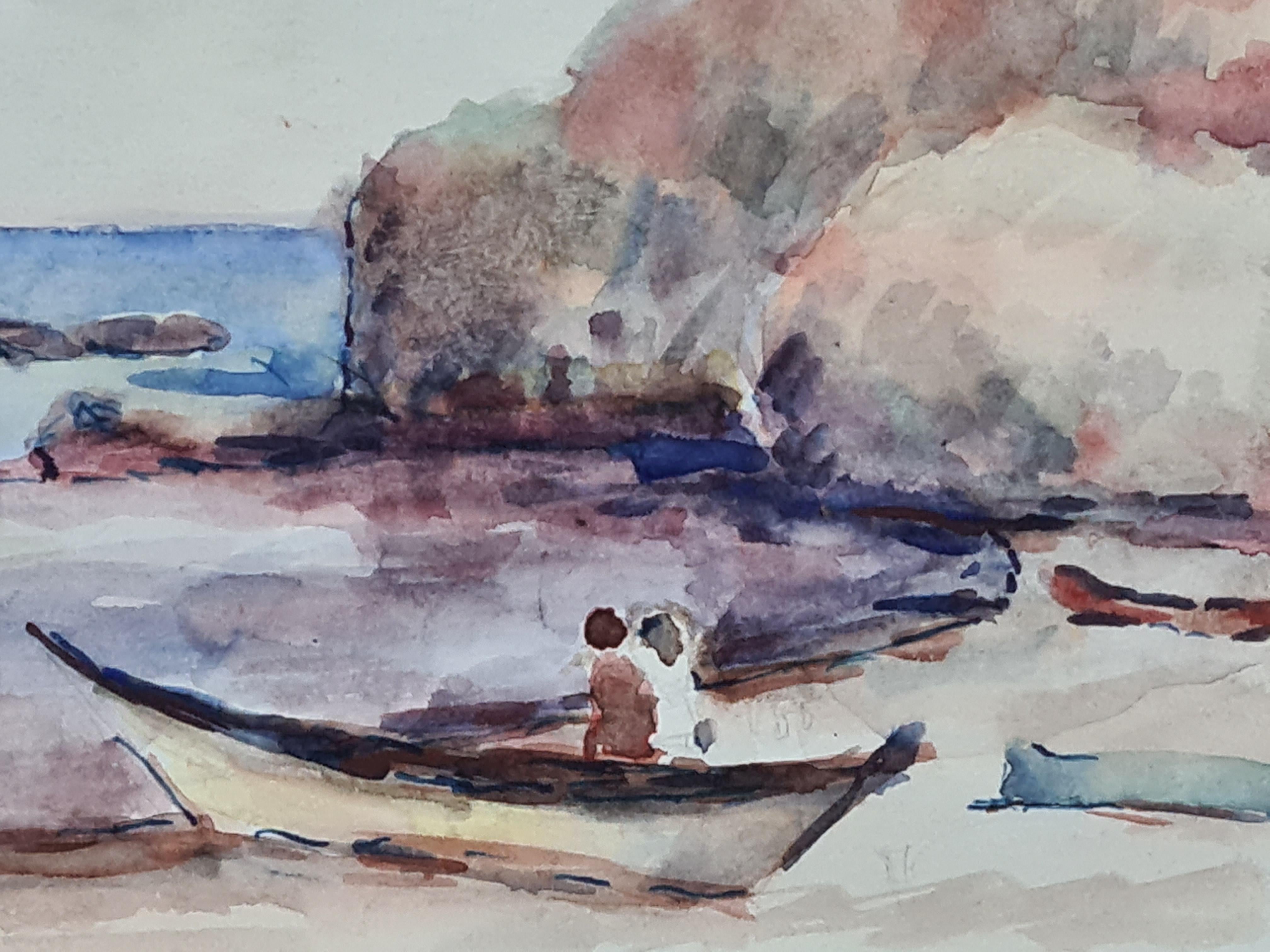 1930er Jahre Französisch Impressionist Aquarell eines Küsten-, Meeres-und Strand-Szene – Art von Henri Clamen
