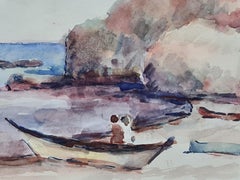 1930s French Impressionist Watercolour of a Coastal, Marine and Beach Scene