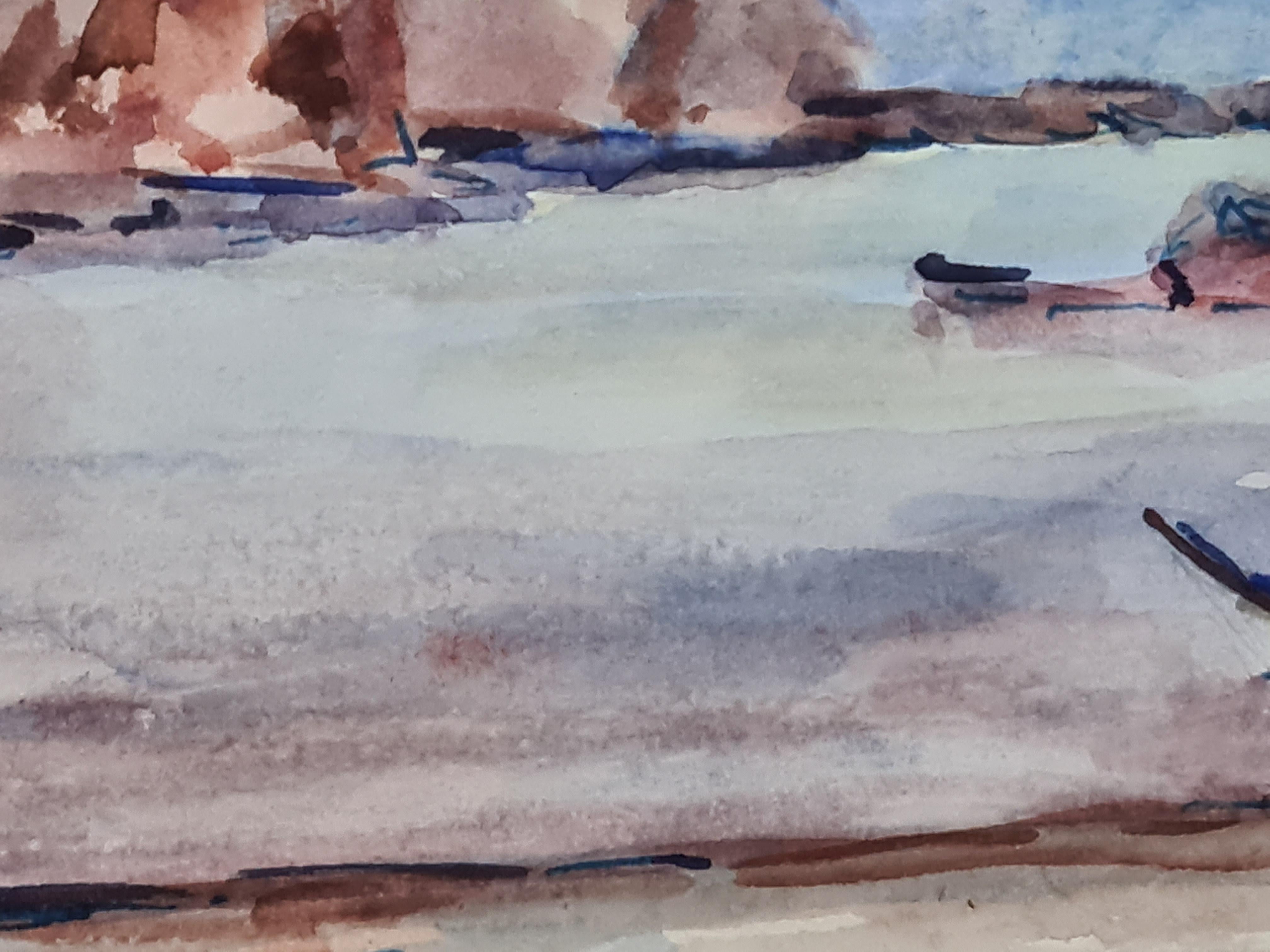 1930er Jahre Französisch Impressionist Aquarell eines Küsten-, Meeres-und Strand-Szene im Angebot 1