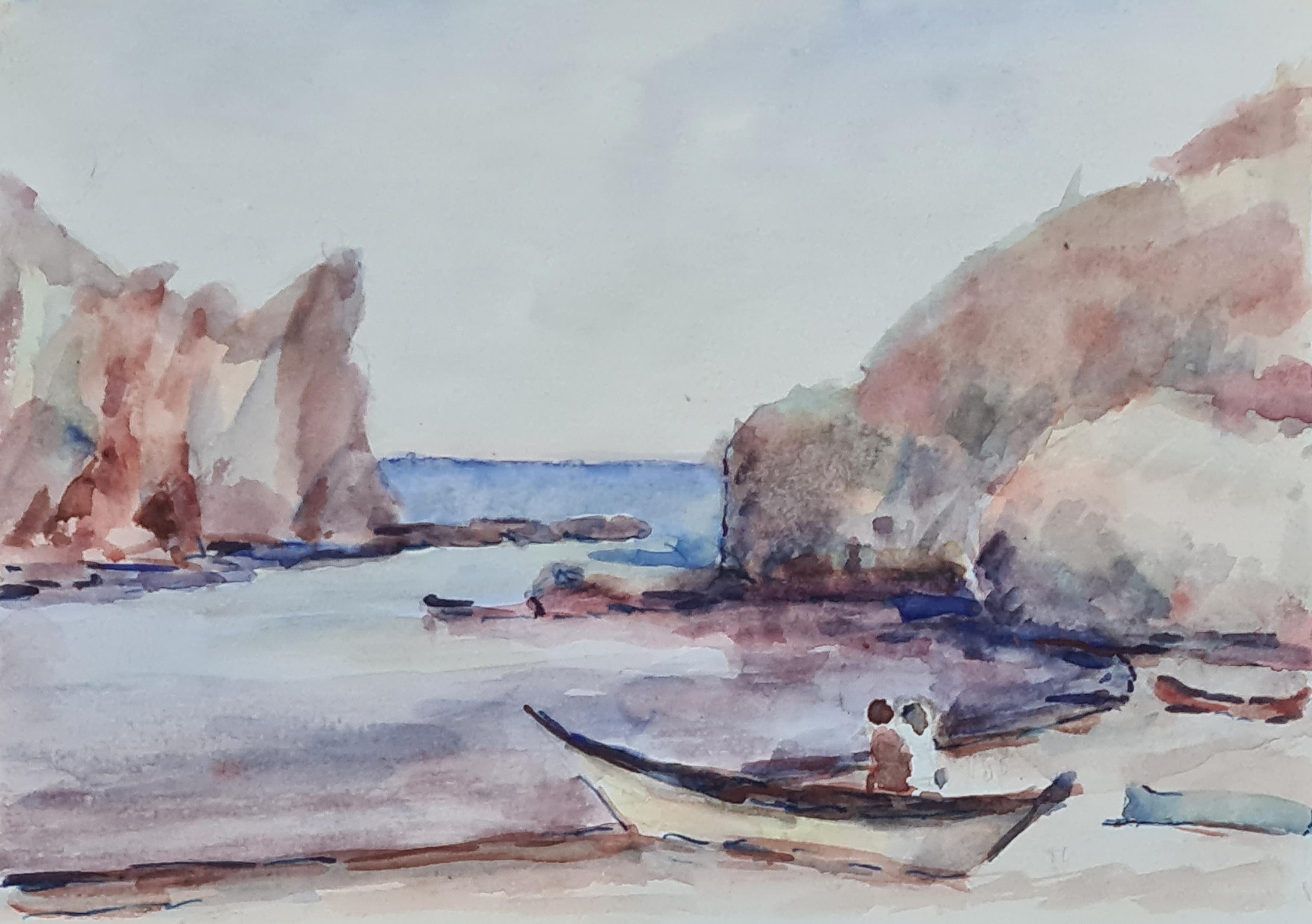 Aquarelle impressionniste française des années 1930 représentant une scène côtière, marine et de plage