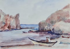 Antique 1930s French Impressionist Watercolour of a Coastal, Marine and Beach Scene