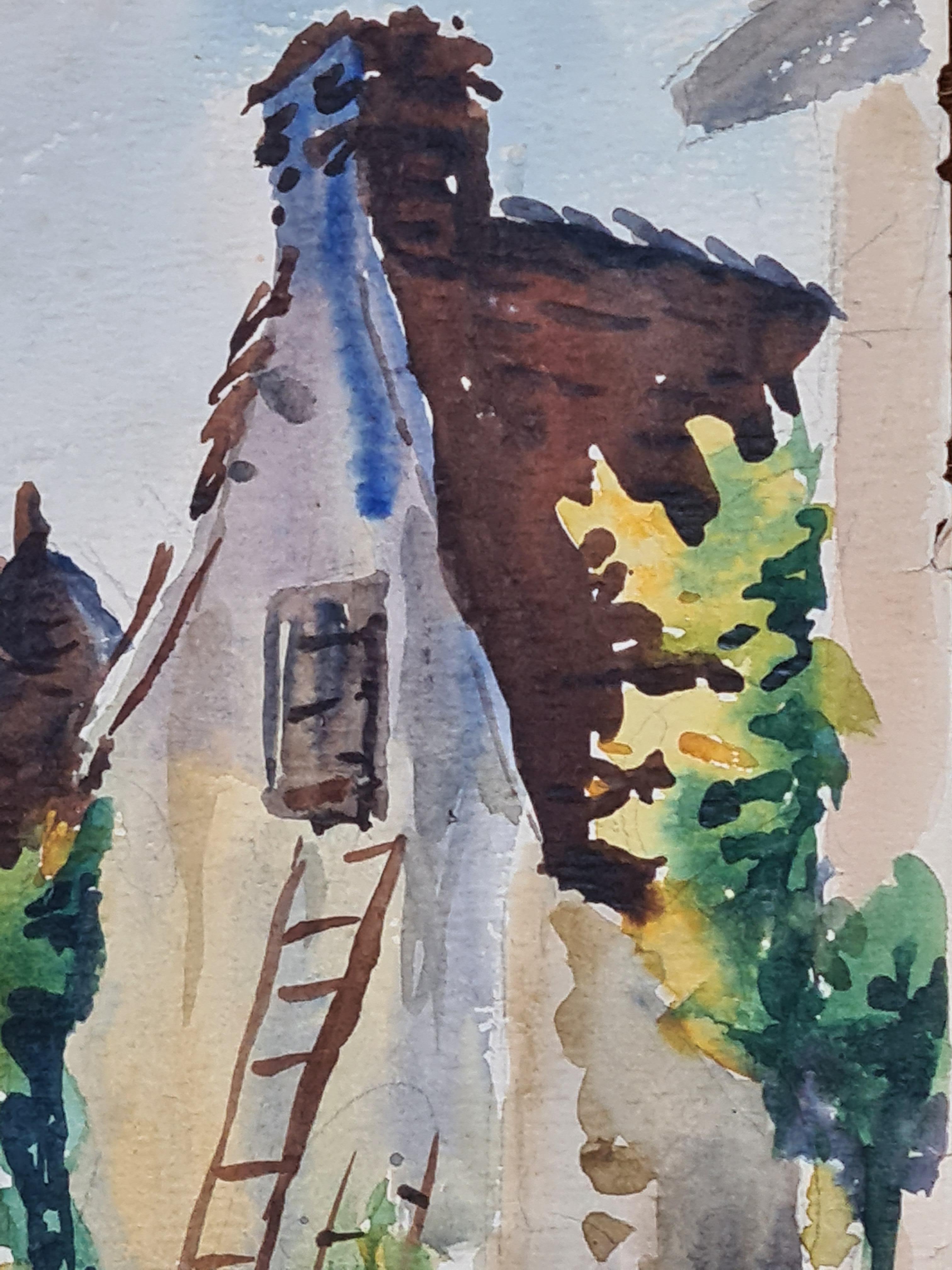 Acquerello impressionista francese del 1930 raffigurante una fattoria francese - Art di Henri Clamen