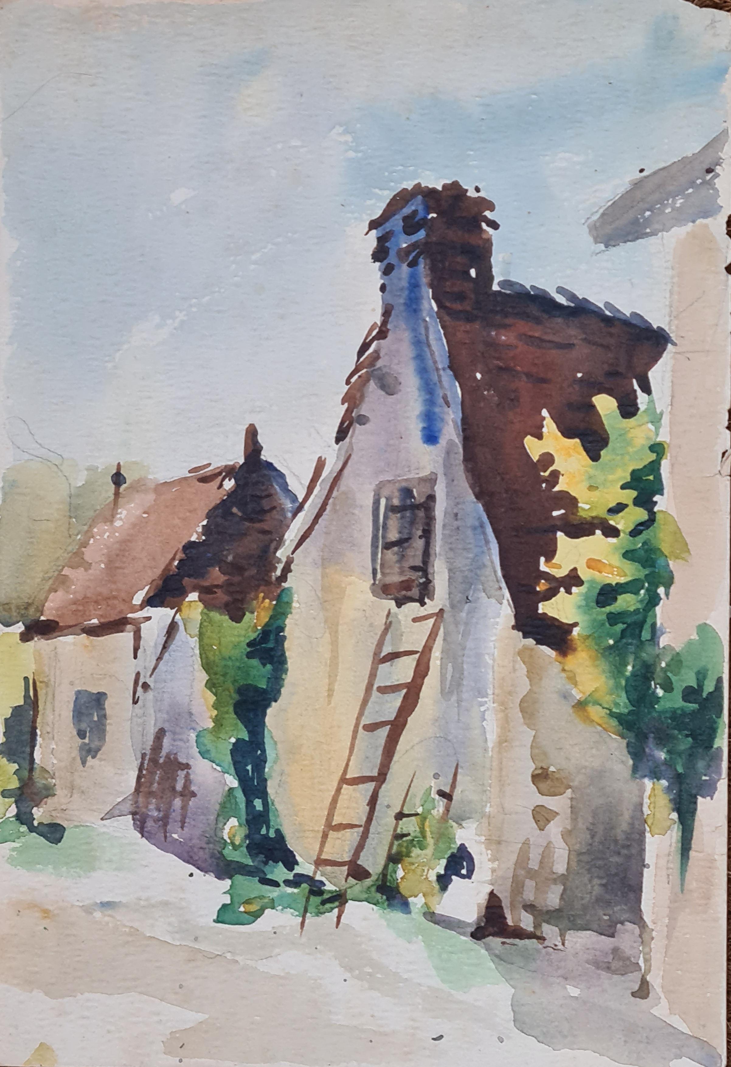 1930s French Impressionist Watercolour of a French Farm