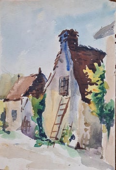 Acquerello impressionista francese del 1930 raffigurante una fattoria francese