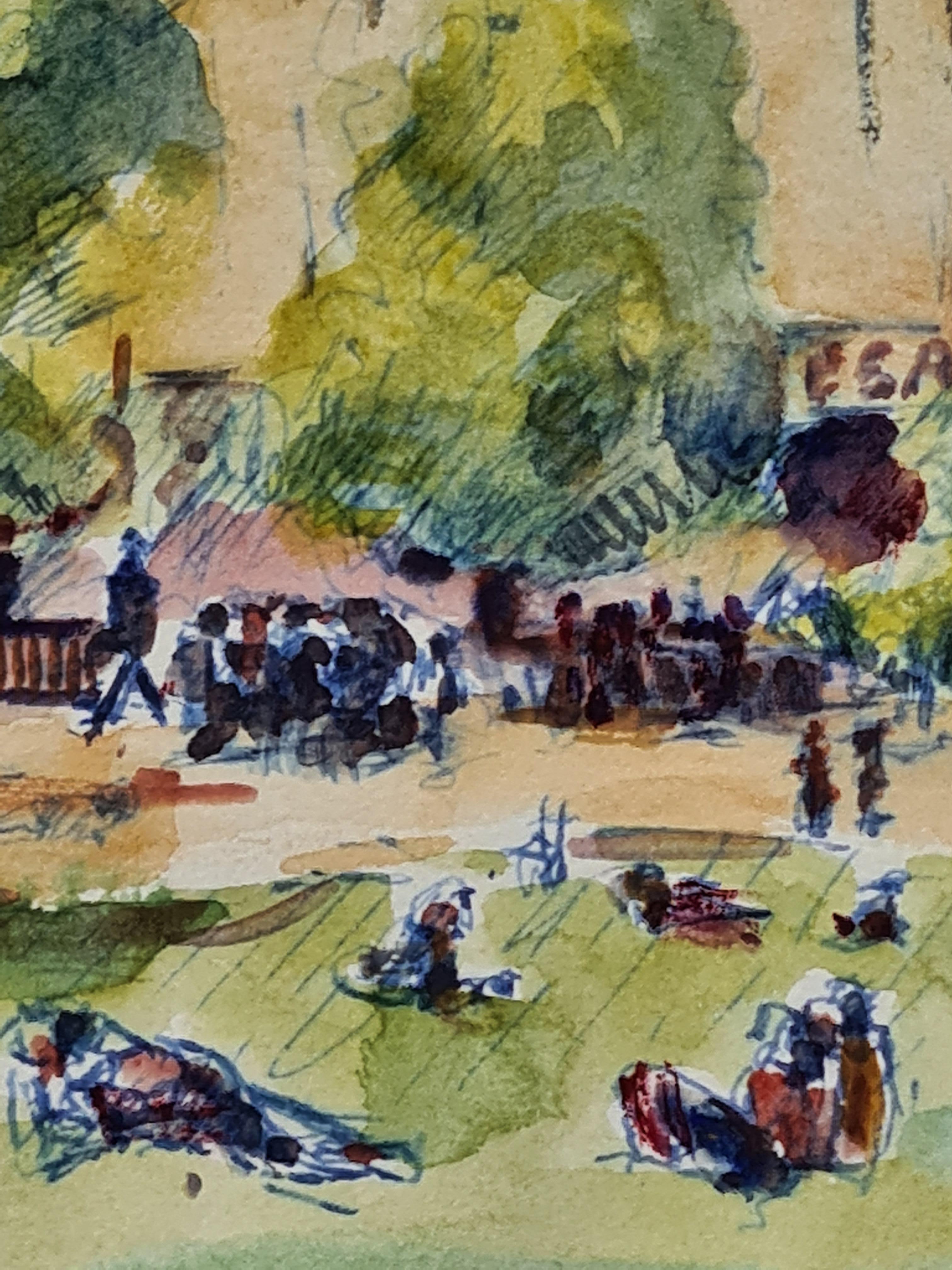 French watercolour on paper view of a park in front of an Odeon cinema by Henri Clamen. Though not signed the painting was acquired from the atelier of the artist with other signed works.

A charming view of people enjoying a summer's day in a park