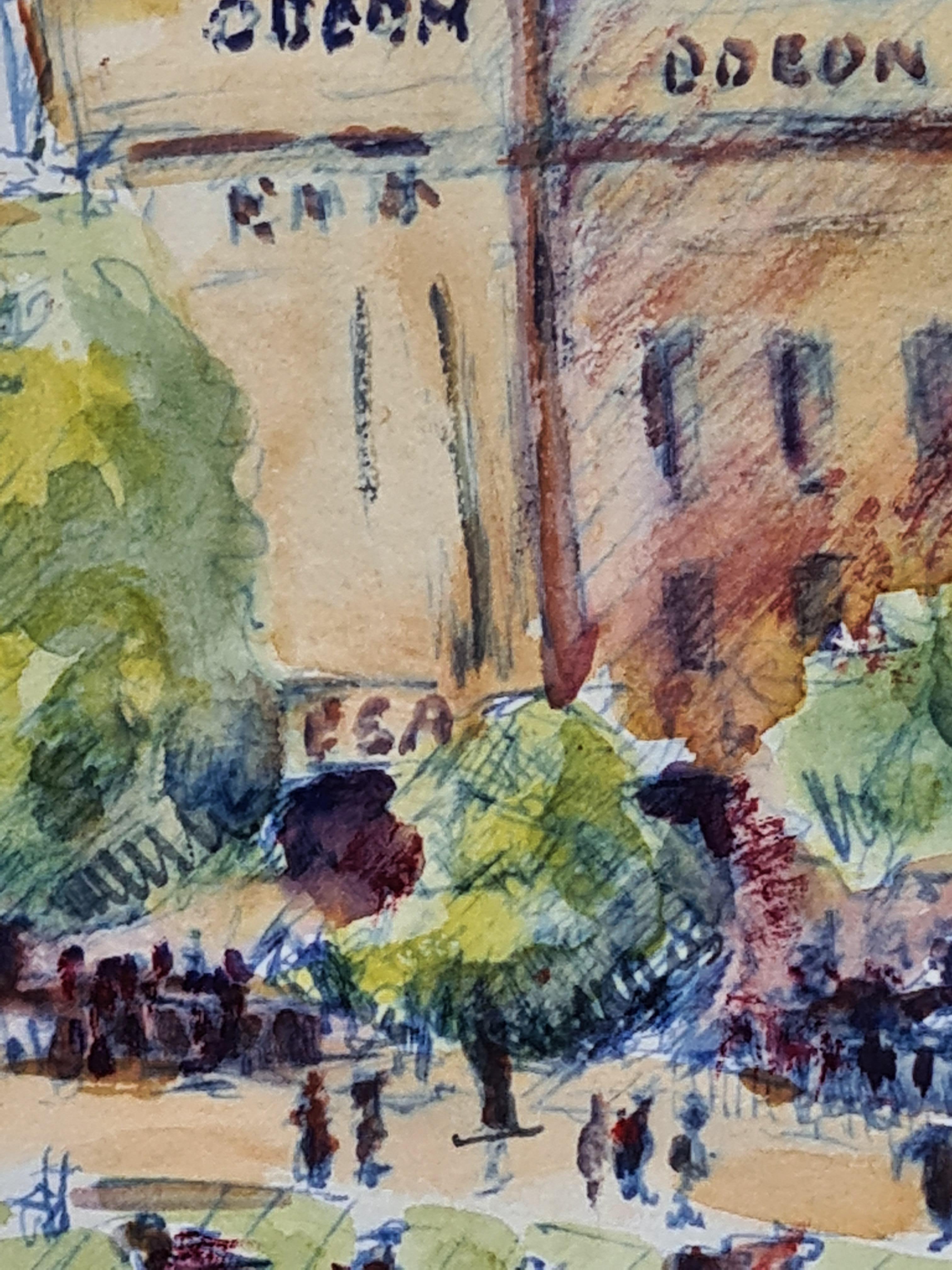 French watercolour on paper view of a park in front of an Odeon cinema by Henri Clamen. Though not signed the painting was acquired from the atelier of the artist with other signed works.

A charming view of people enjoying a summer's day in a park