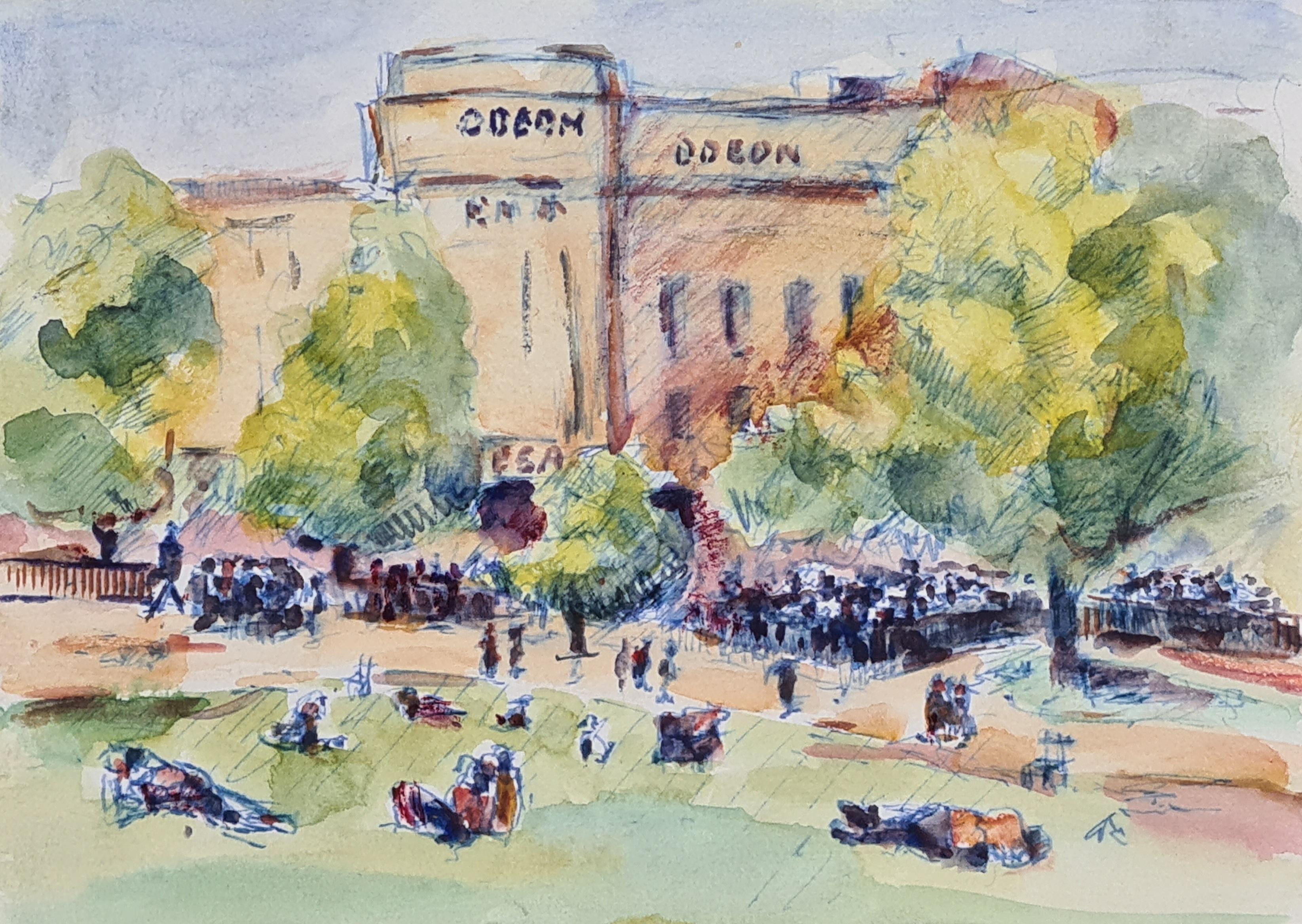 Henri Clamen Landscape Art - 1930s French Watercolour of an Early Art Deco Odeon Cinema and a Park