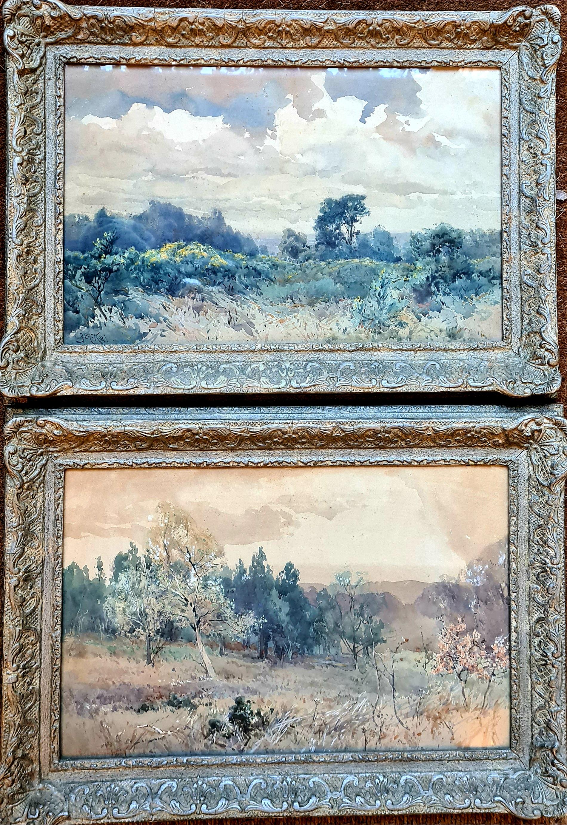 Paire de paysages impressionnistes à l'aquarelle, printemps et automne