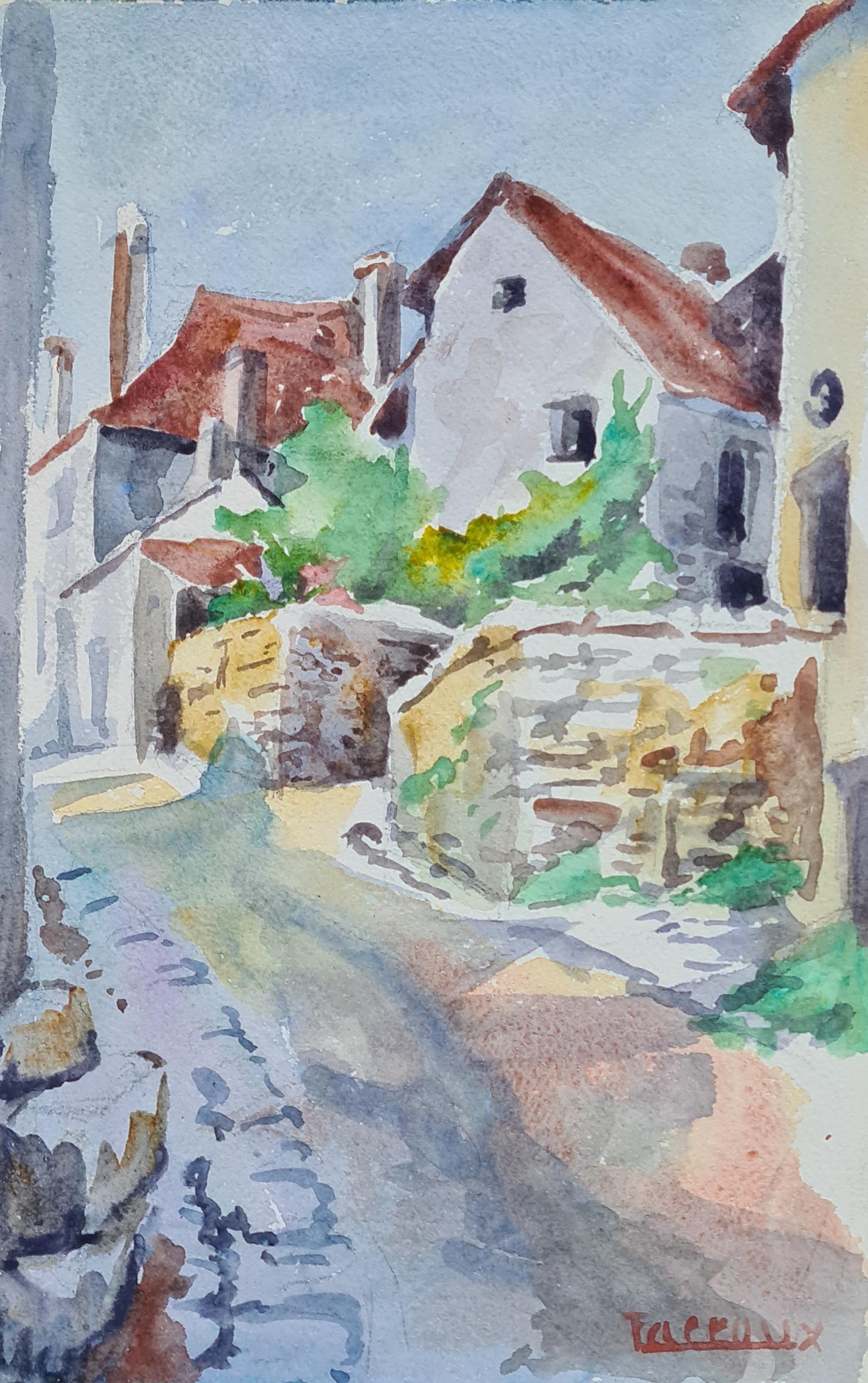 1930er Jahre Französisch Impressionist Aquarell einer französischen Dorfszene