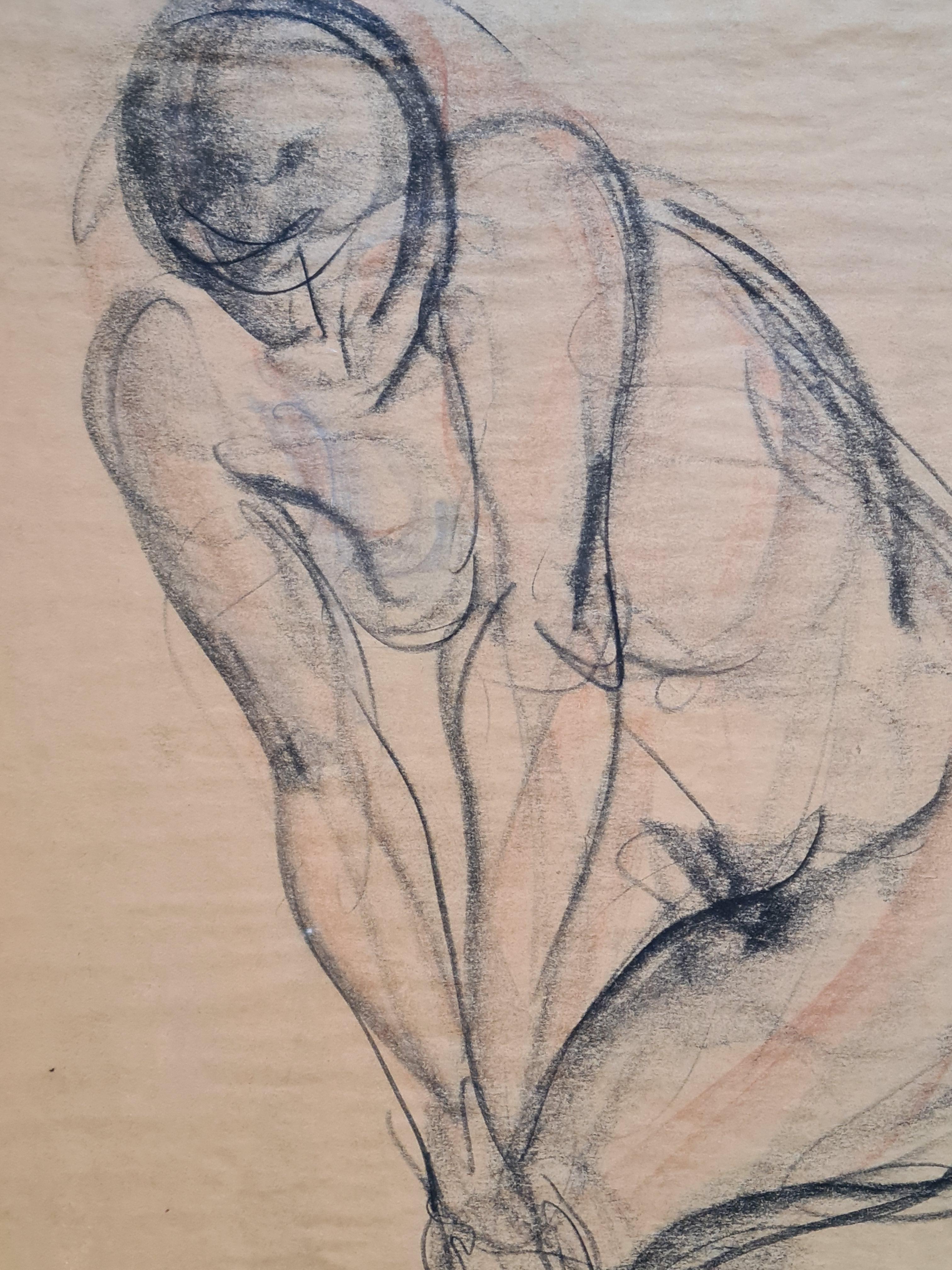 Female Nude, Pastel and Chalk Study for a Sculpture - Realist Art by Marie-Jo Bourron