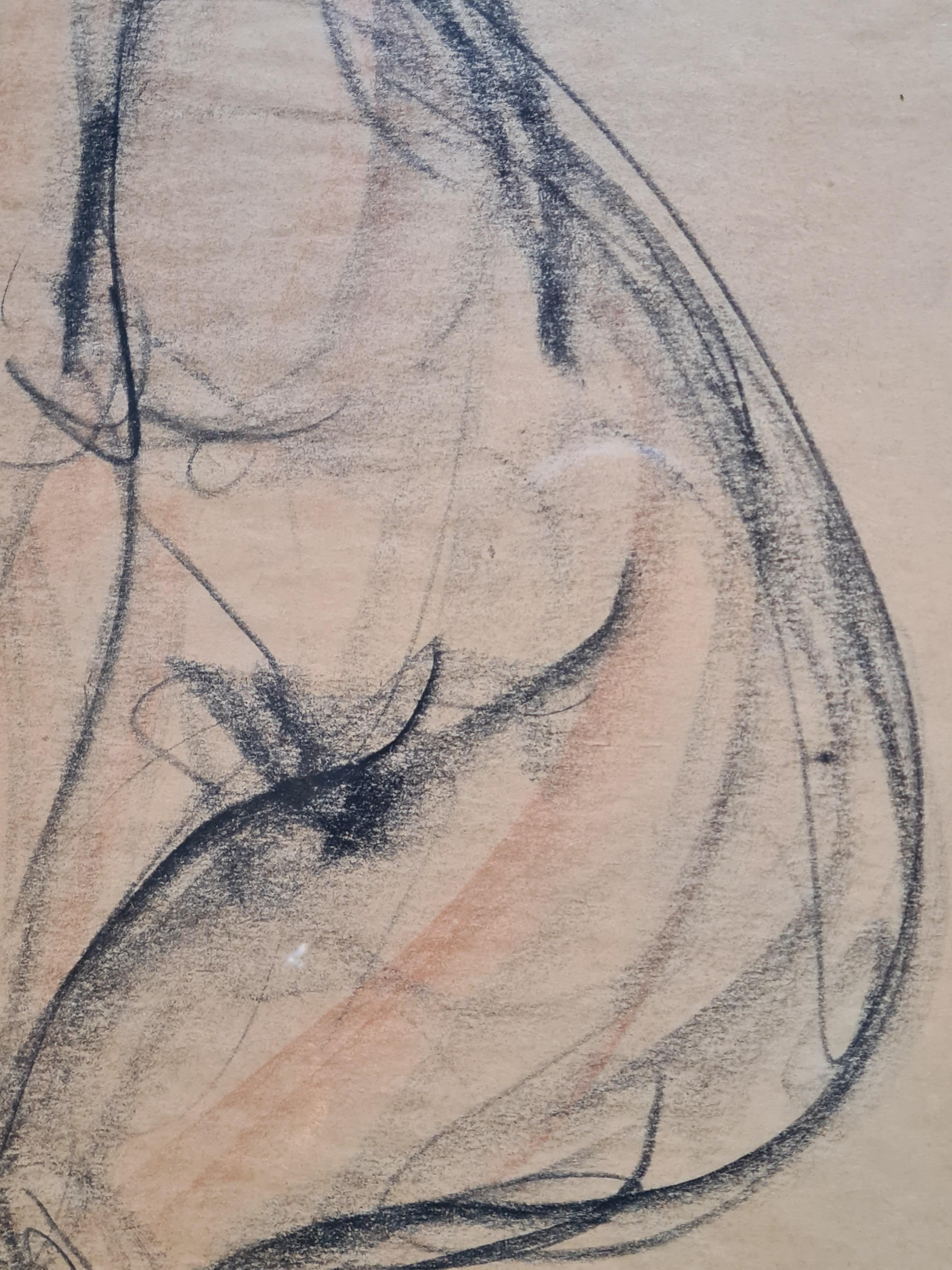 Estudio a la tiza y al lápiz para una escultura de la artista francesa Marie-Josèphe Bourron. Presentado en marco moderno con montura bajo cristal. Aunque no está firmado, el dibujo se adquirió directamente en el estudio del artista en Barjols, al